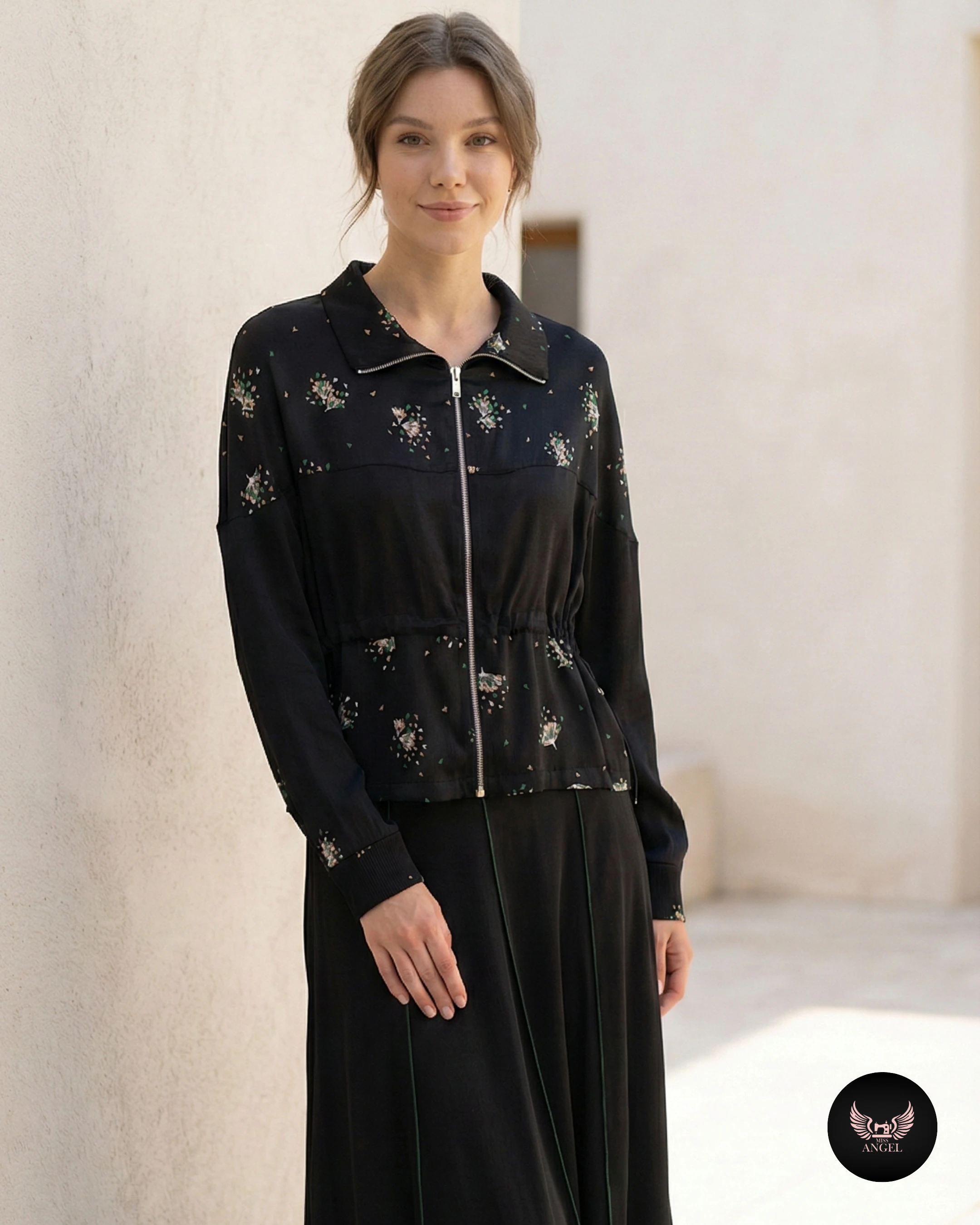 Çiçek Desenli İpek Cupro Siyah Ceket - Etek Takımı - Görsel 2