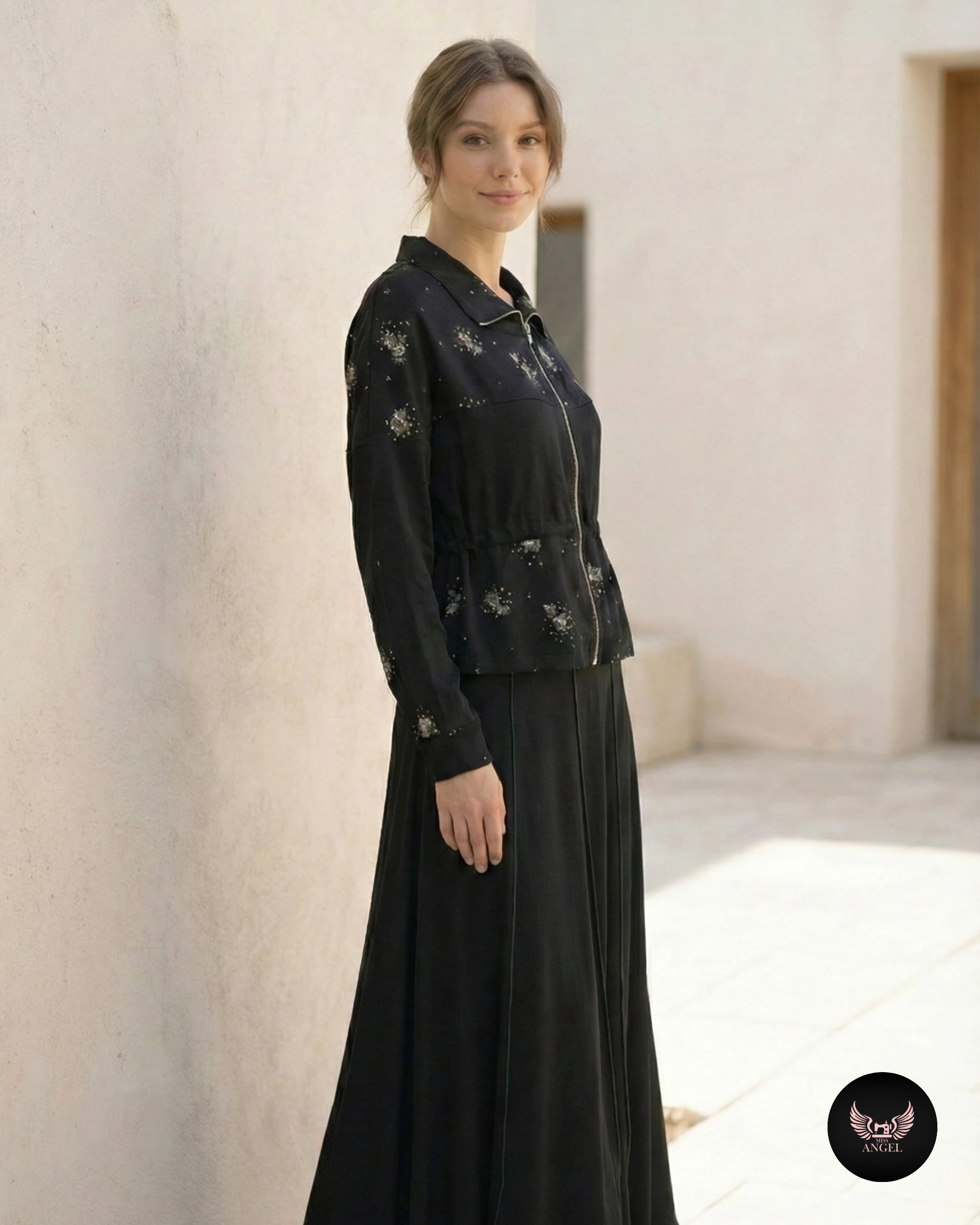 Çiçek Desenli İpek Cupro Siyah Ceket - Etek Takımı - Görsel 5