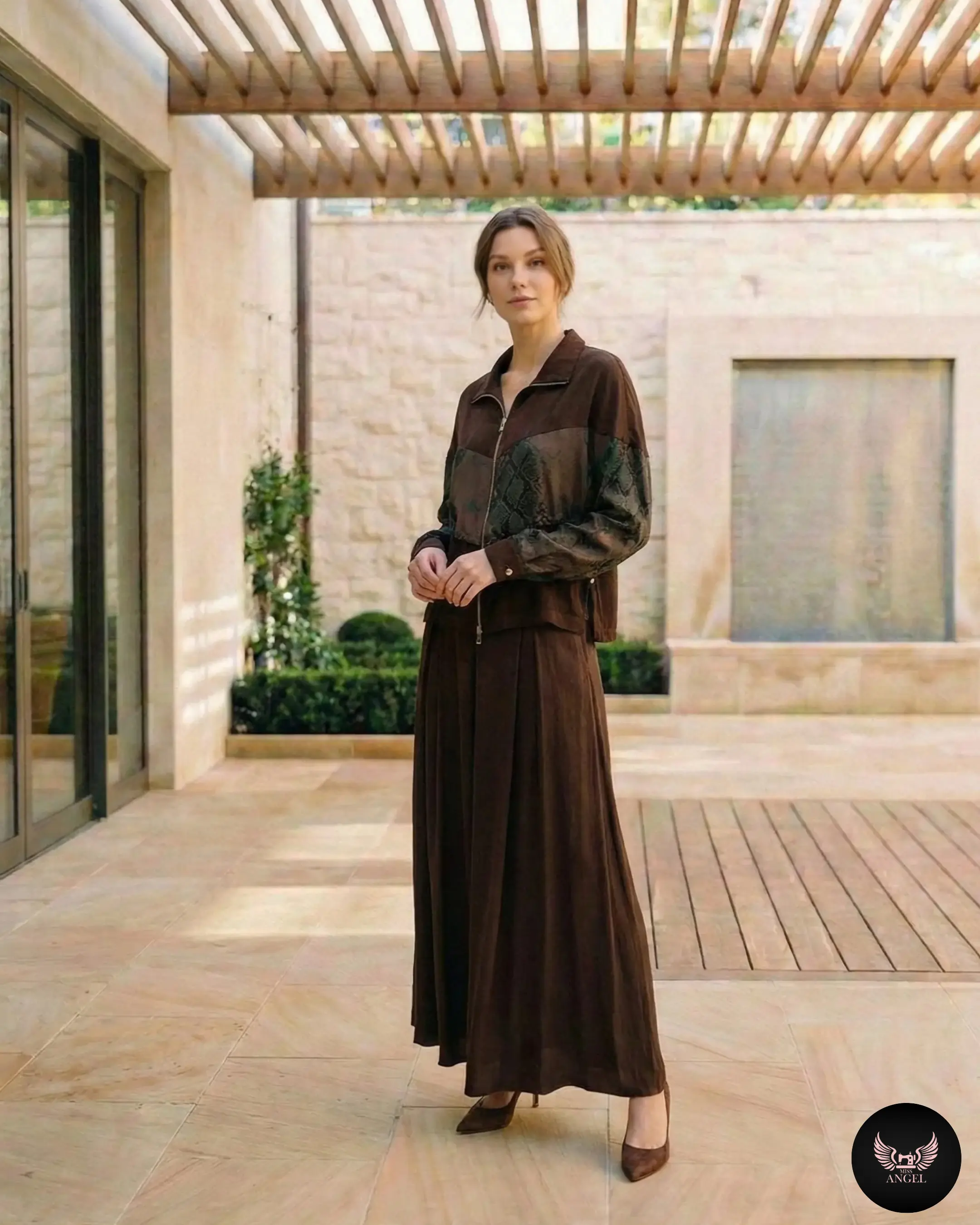 Desenli İpek Cupro Kahverengi Ceket - Etek Takımı