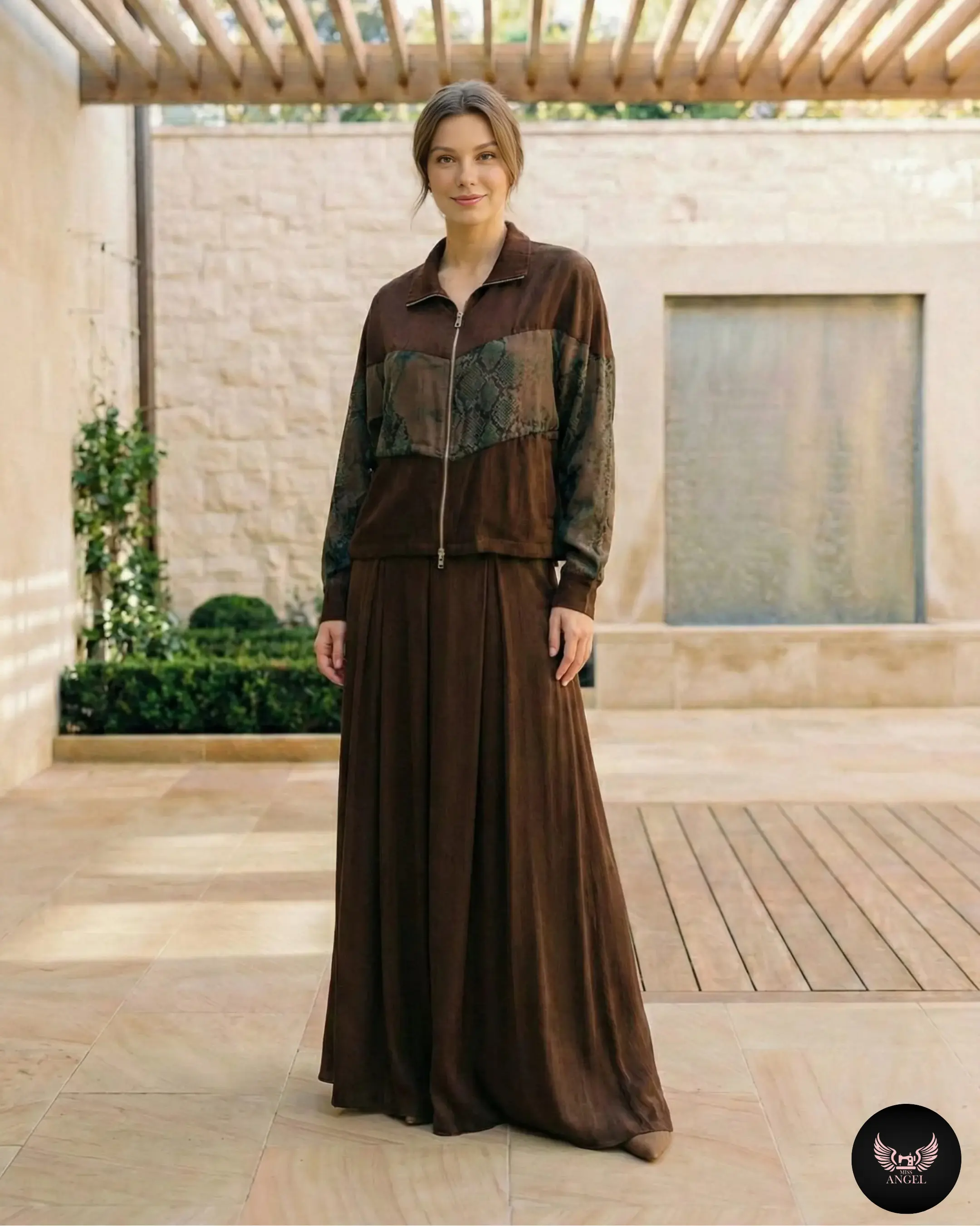 Desenli İpek Cupro Kahverengi Ceket - Etek Takımı - Görsel 2