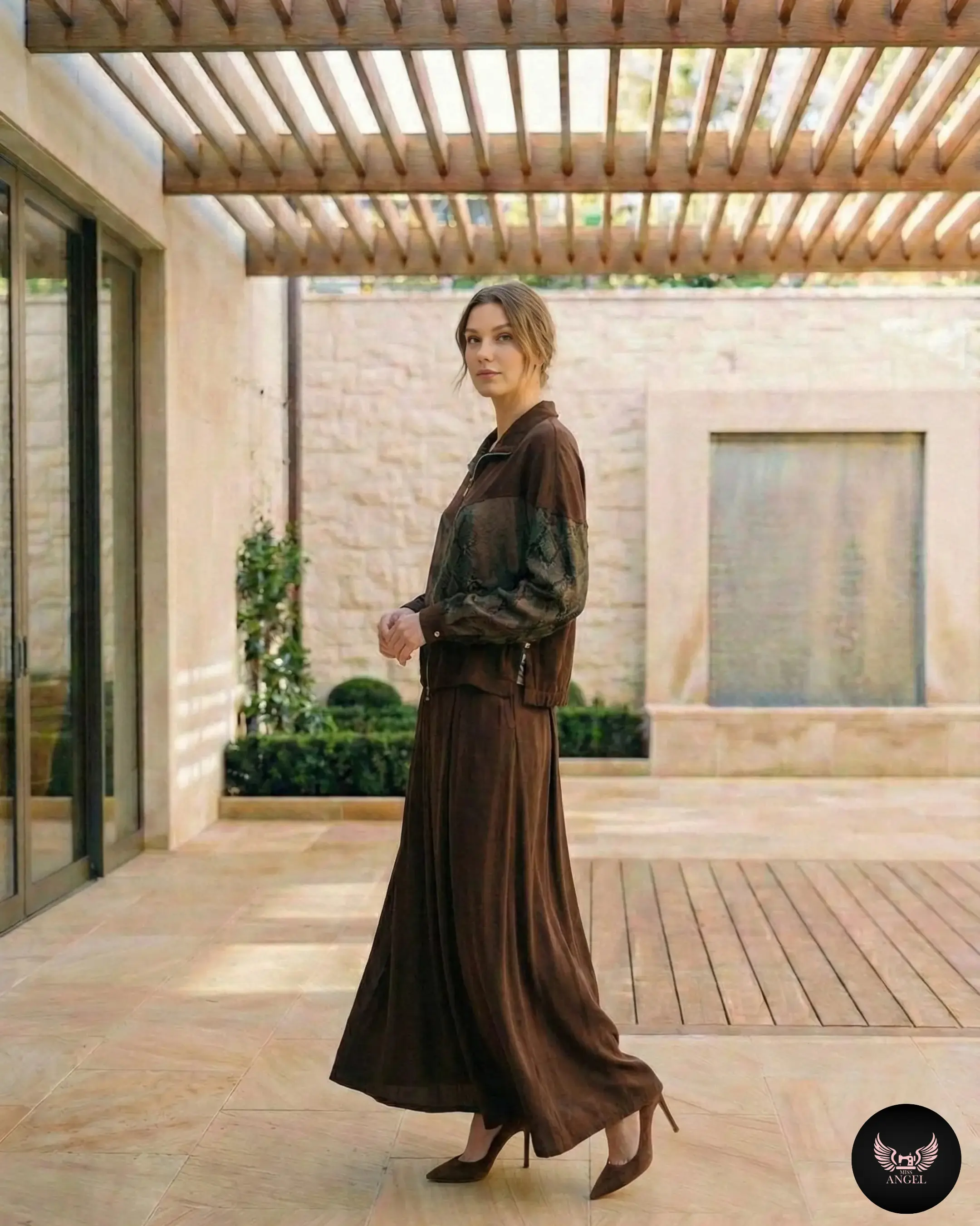 Desenli İpek Cupro Kahverengi Ceket - Etek Takımı - Görsel 3