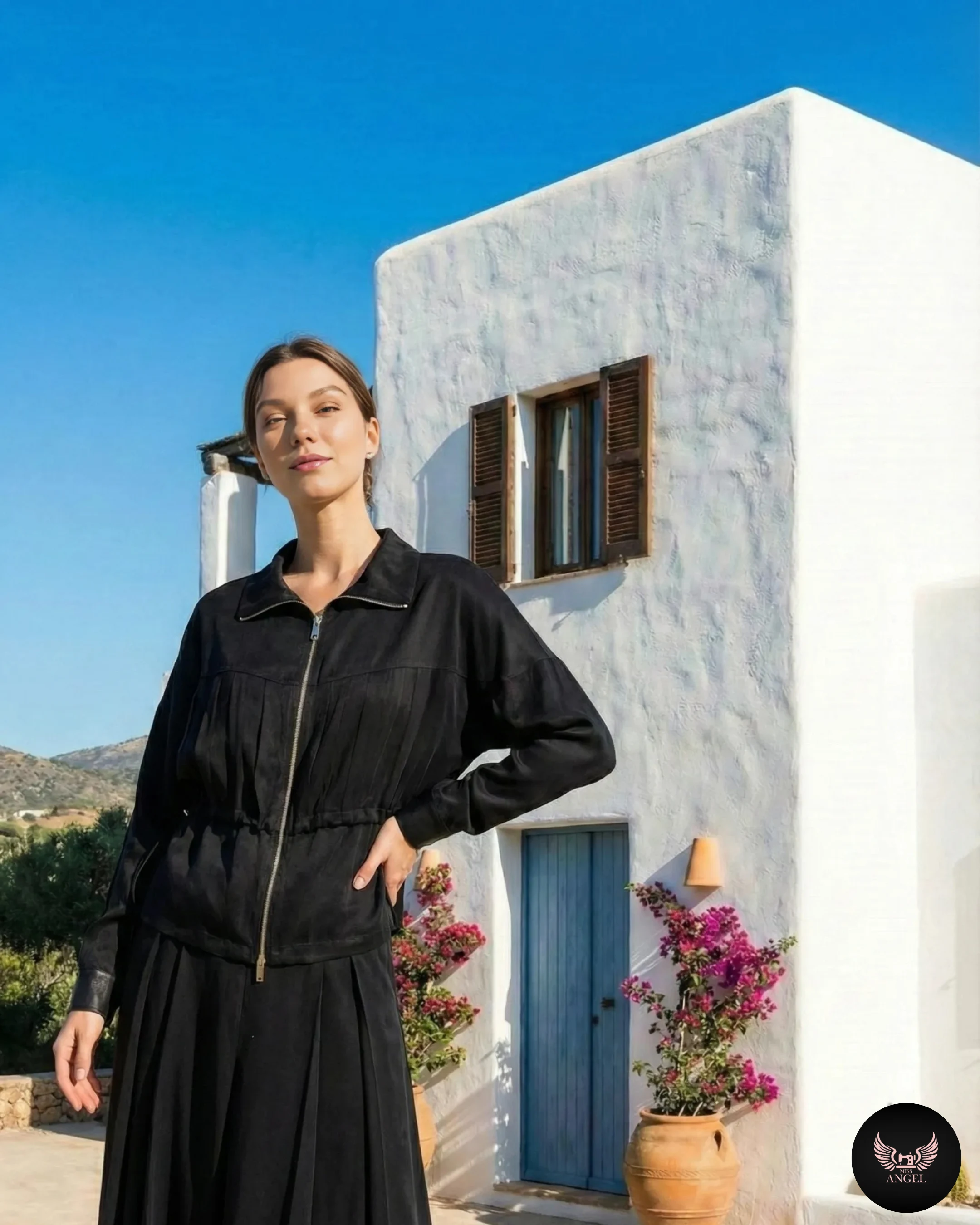 Çizgi Desenli İpek Cupro Siyah Ceket - Etek Takımı - Görsel 5