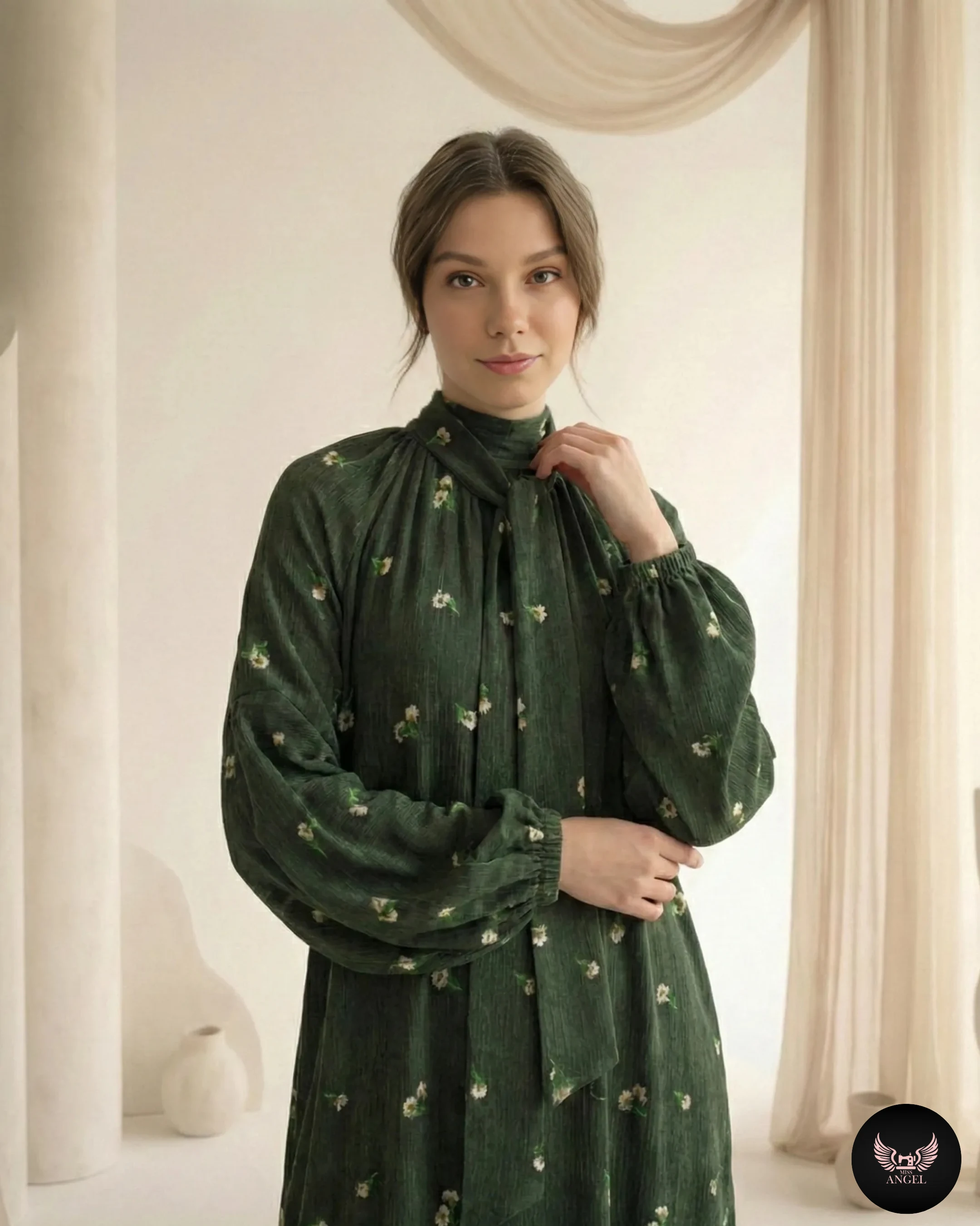 Yeşil Cupro İpek Çiçek Desenli Elbise - ELBİSE