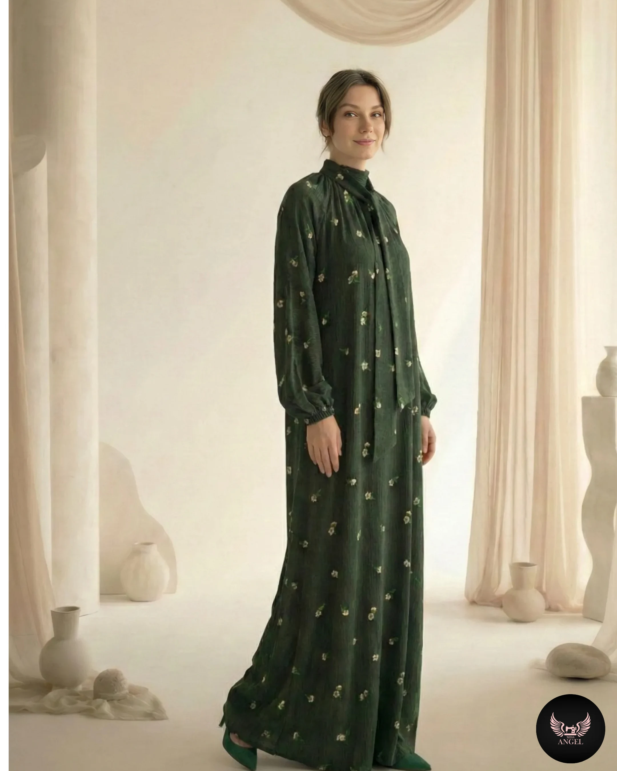 Yeşil Cupro İpek Çiçek Desenli Elbise - Görsel 2