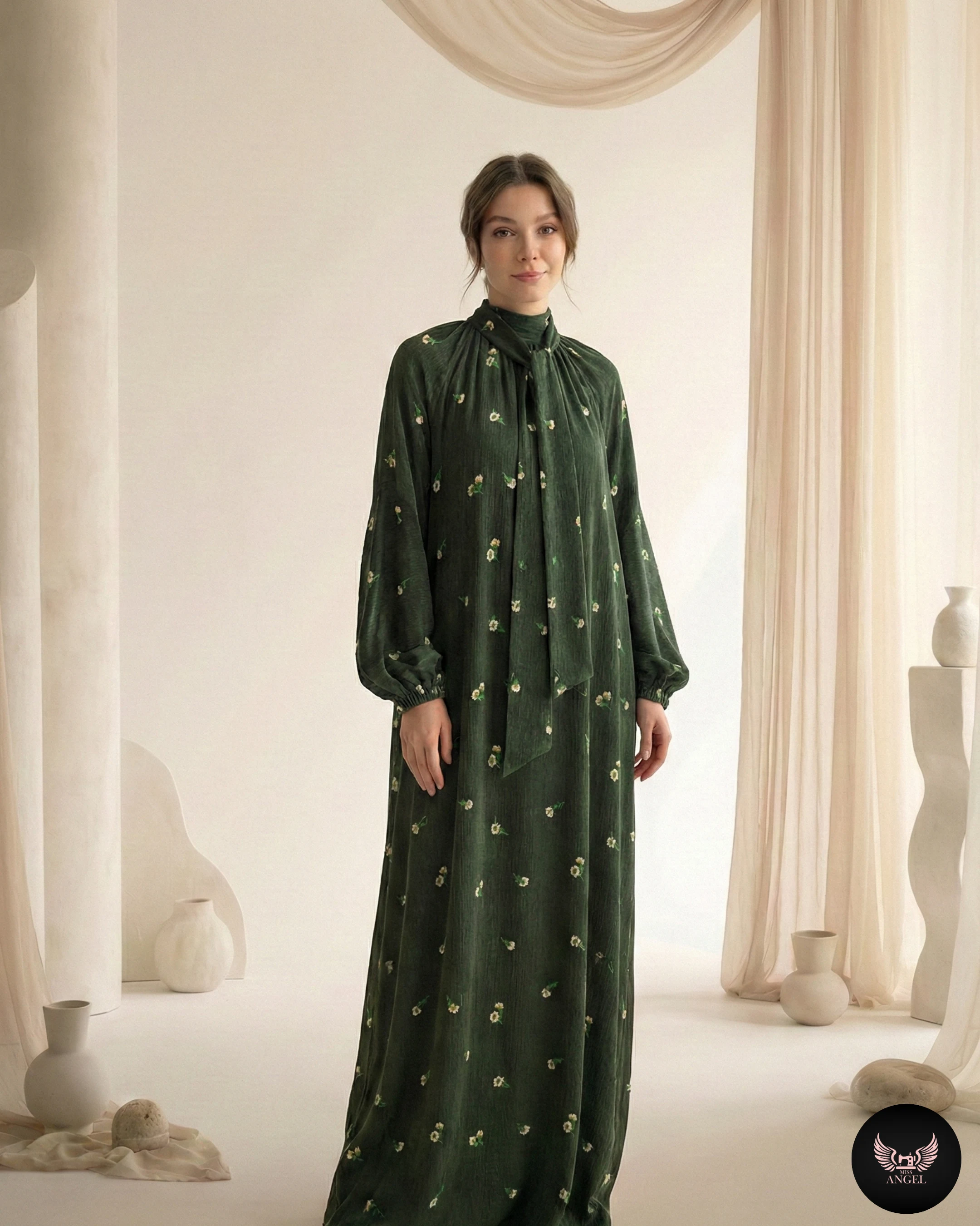 Yeşil Cupro İpek Çiçek Desenli Elbise - Görsel 4