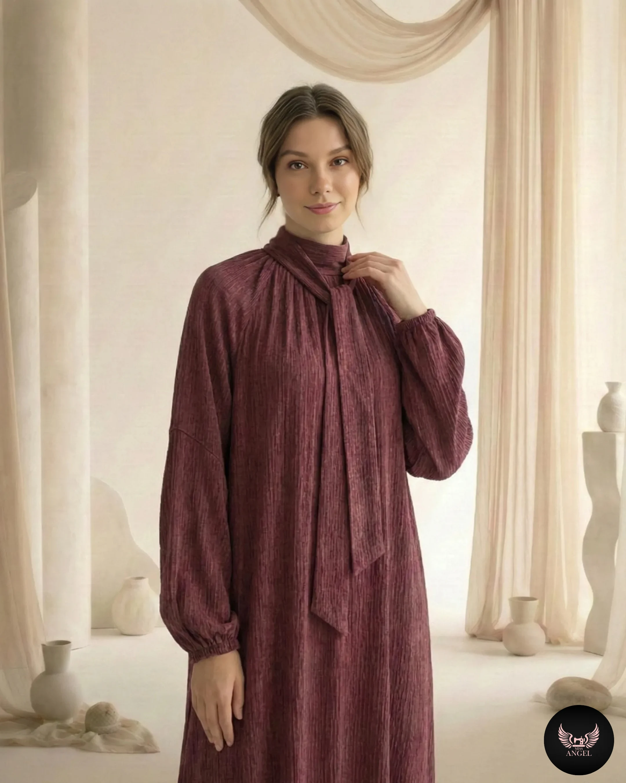 Bordo Cupro İpek Elbise - Görsel 2