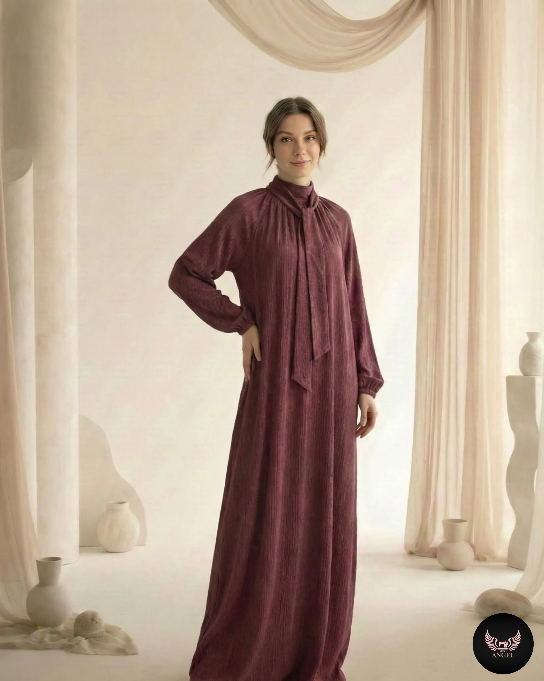 Bordo Cupro İpek Elbise - Görsel 3