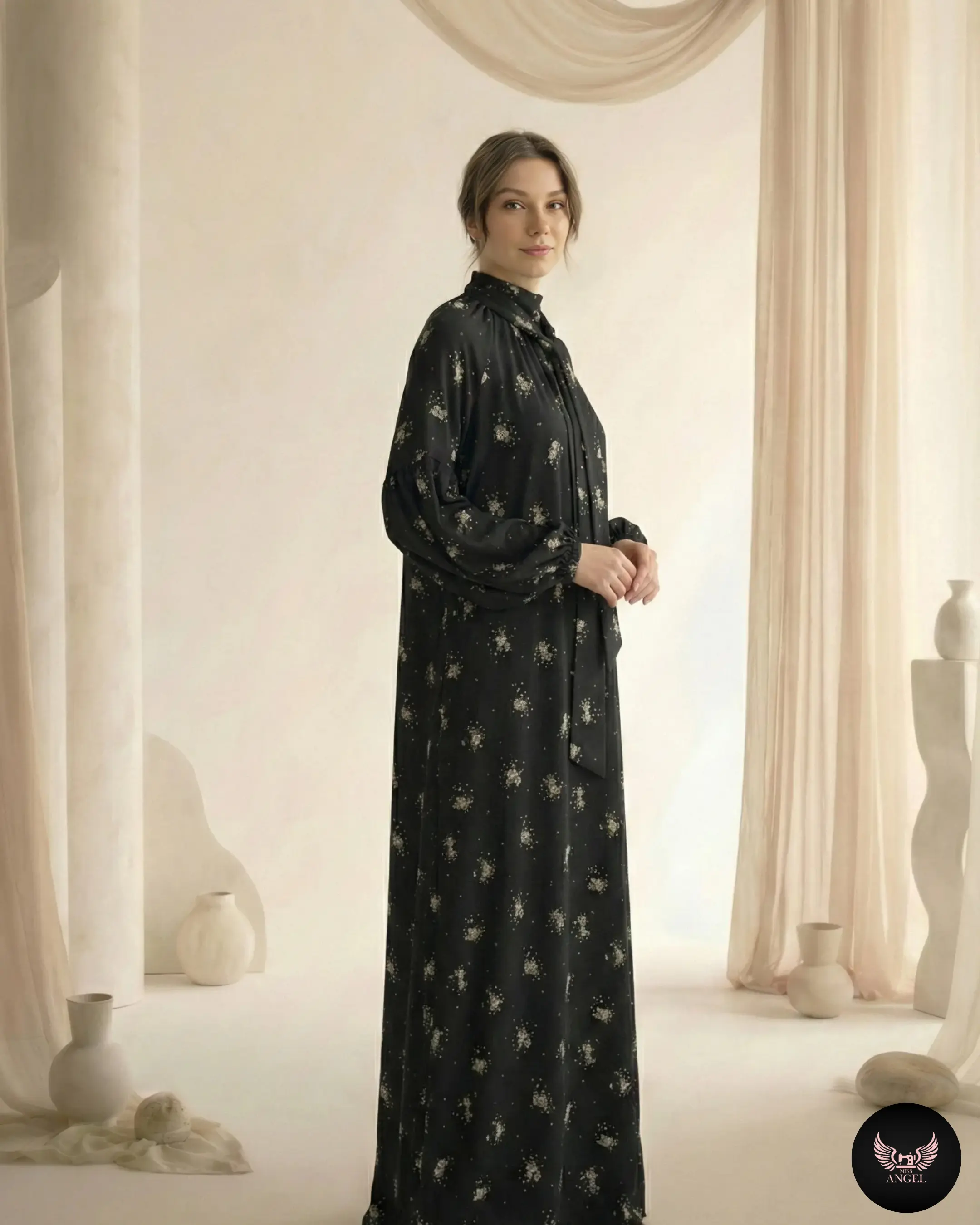 Siyah Cupro İpek Çiçek Desenli Elbise - ELBİSE