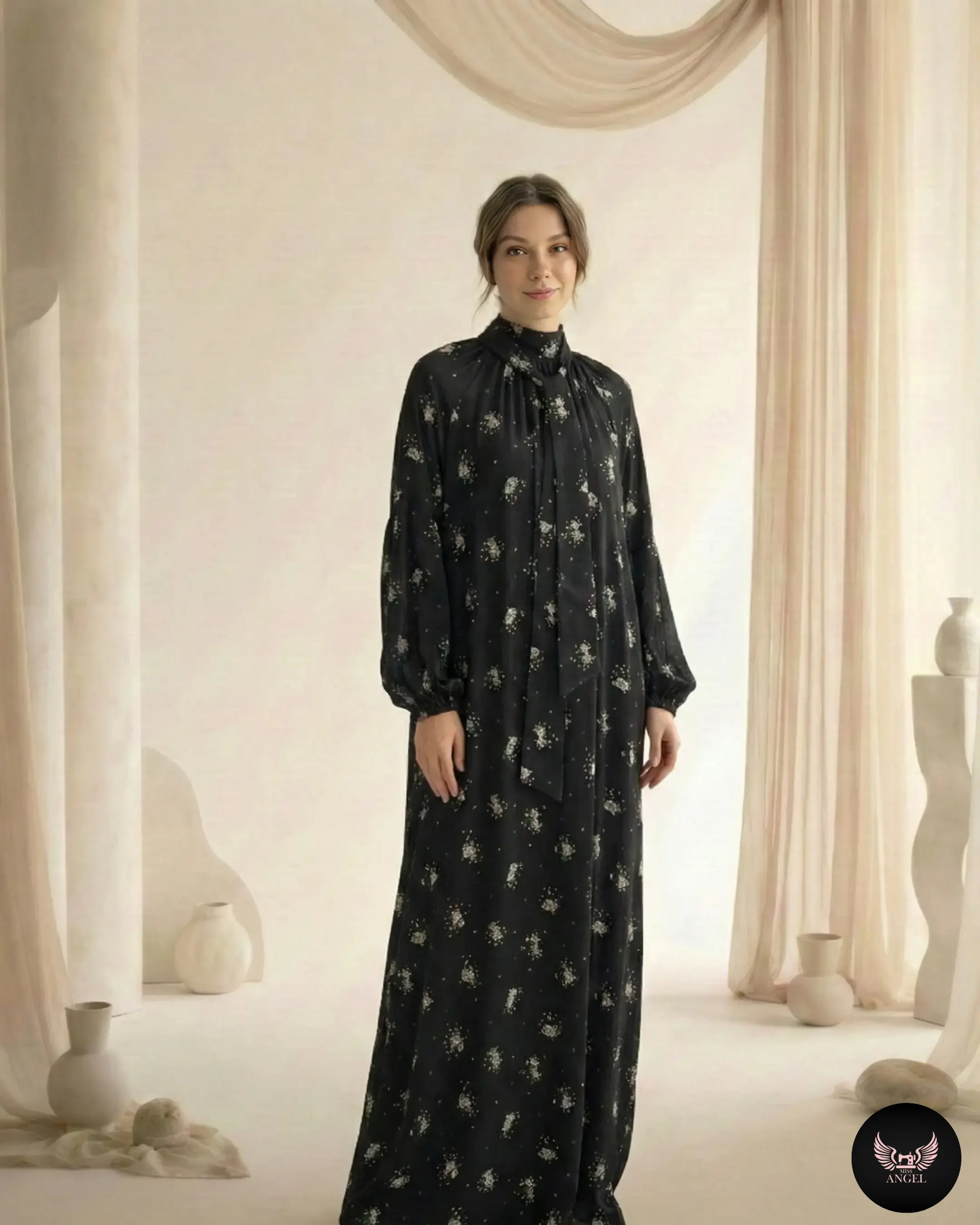 Siyah Cupro İpek Çiçek Desenli Elbise - Görsel 2