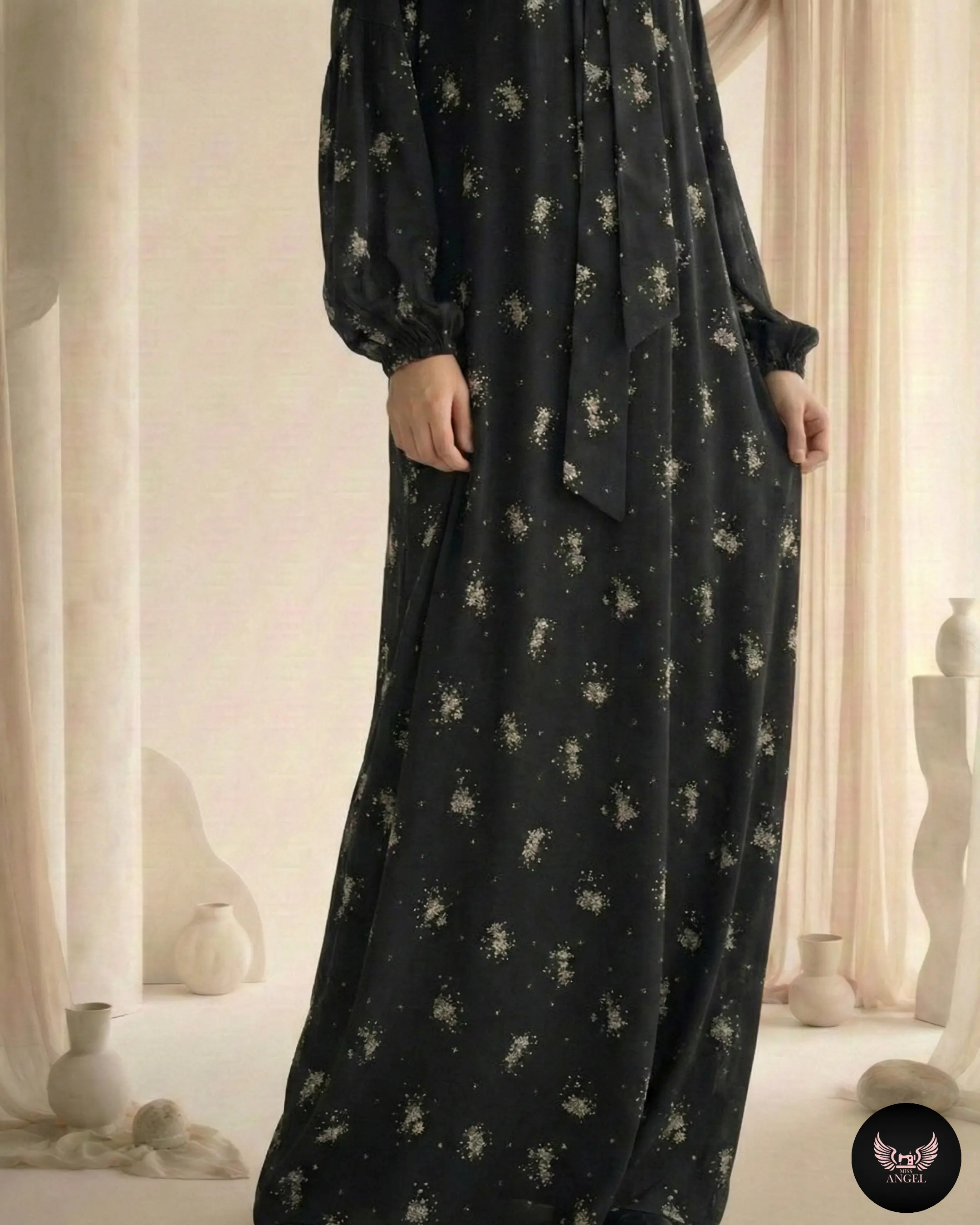 Siyah Cupro İpek Çiçek Desenli Elbise - Görsel 4