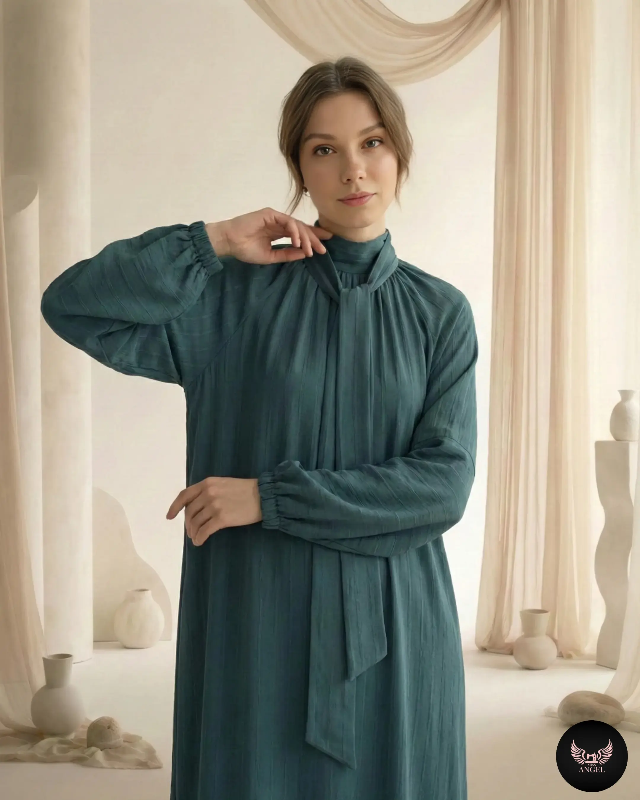 Ördek Yeşili Cupro İpek Çizgi Desenli Elbise - ELBİSE