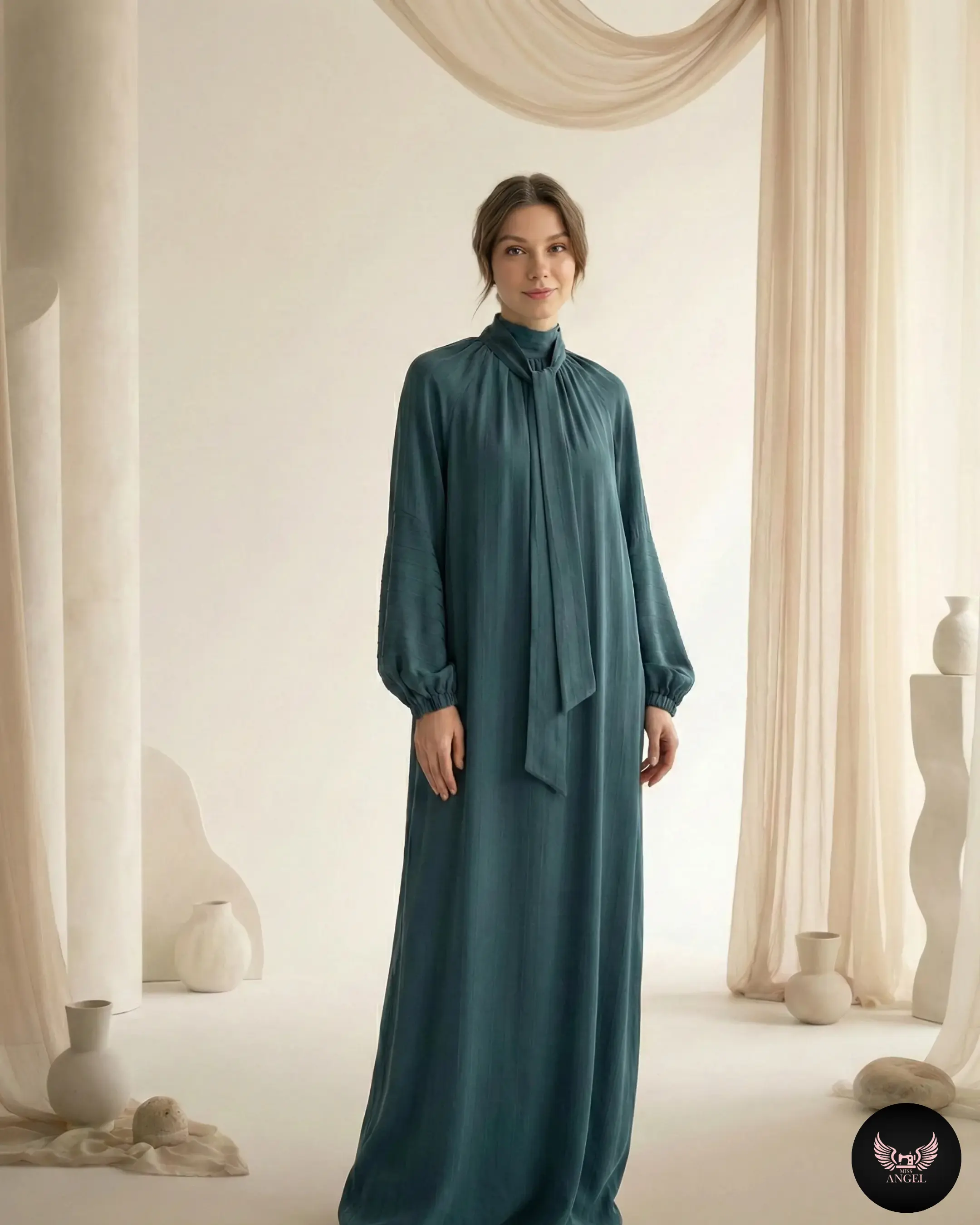 Ördek Yeşili Cupro İpek Çizgi Desenli Elbise - Görsel 2