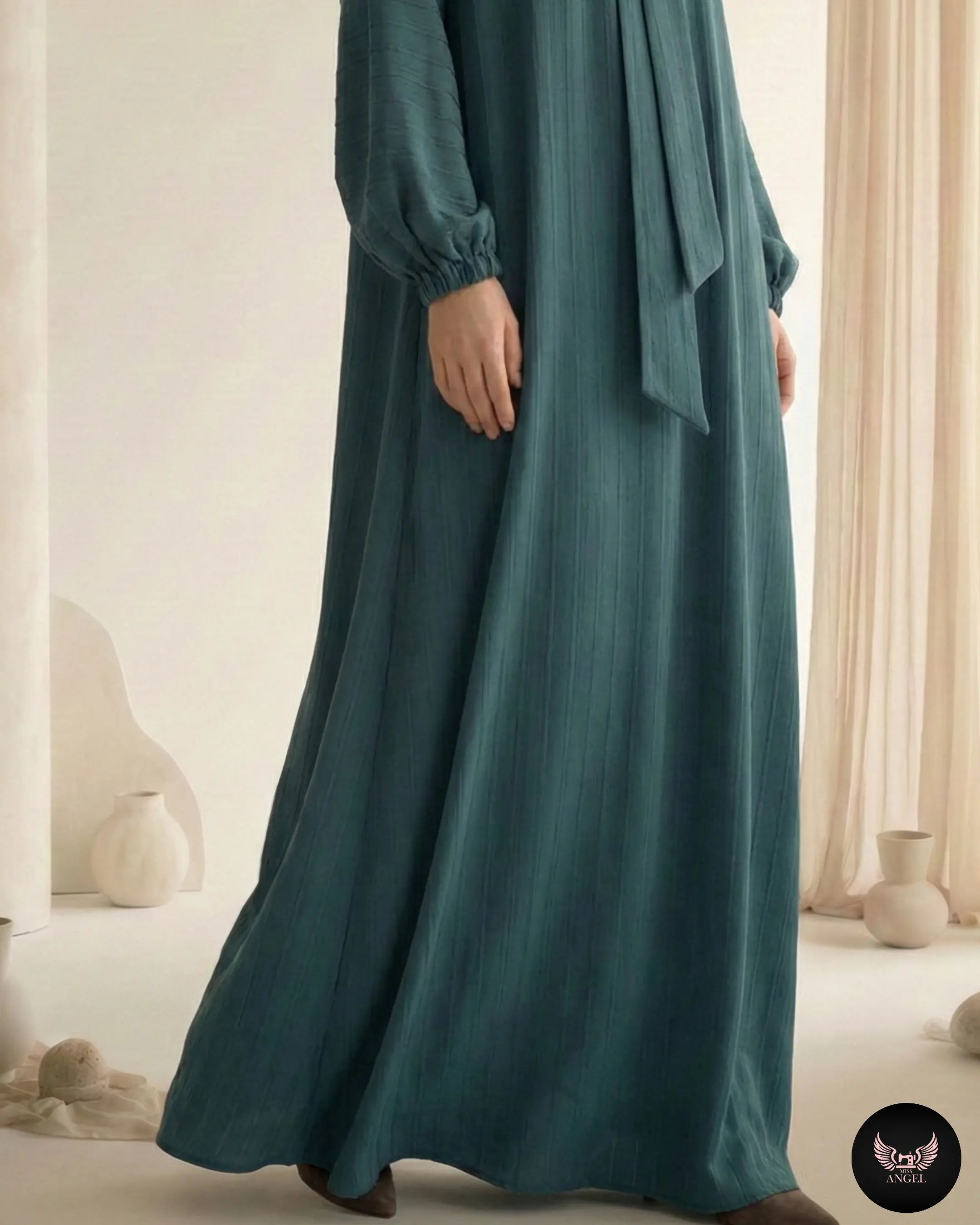 Ördek Yeşili Cupro İpek Çizgi Desenli Elbise - Görsel 4