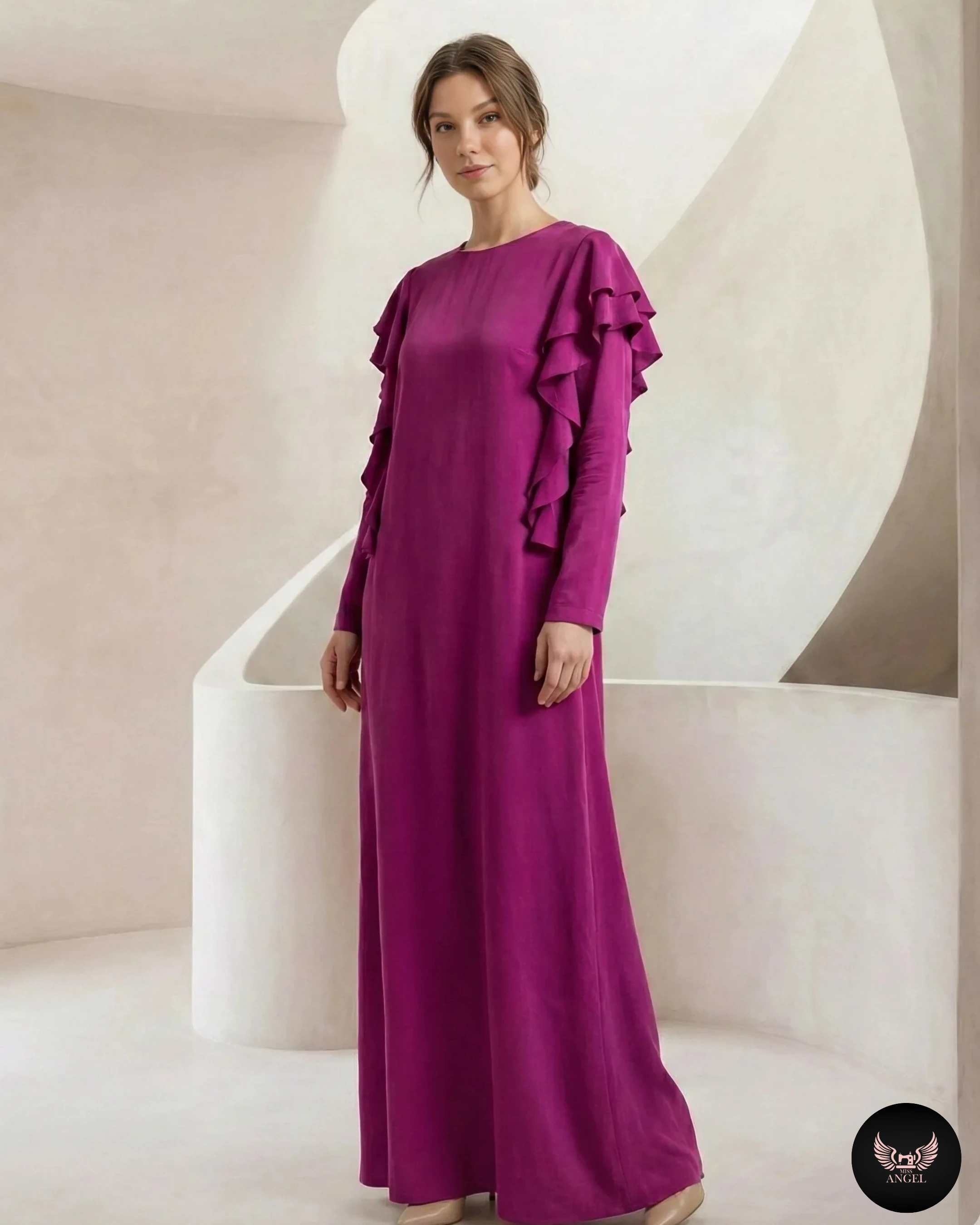 Pembe İpek Cupro Fırfır Detaylı Elbise - ELBİSE