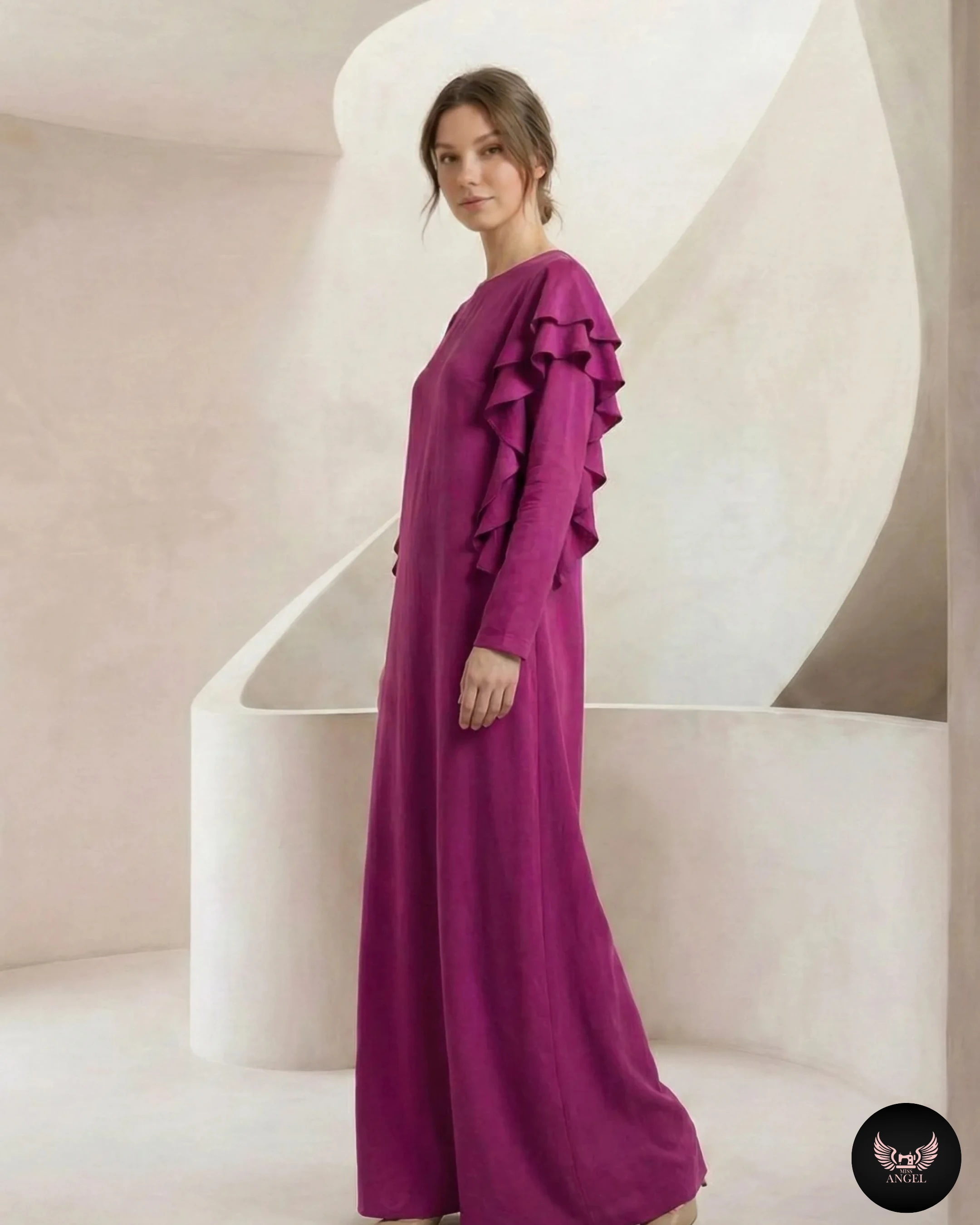 Pembe İpek Cupro Fırfır Detaylı Elbise - Görsel 2