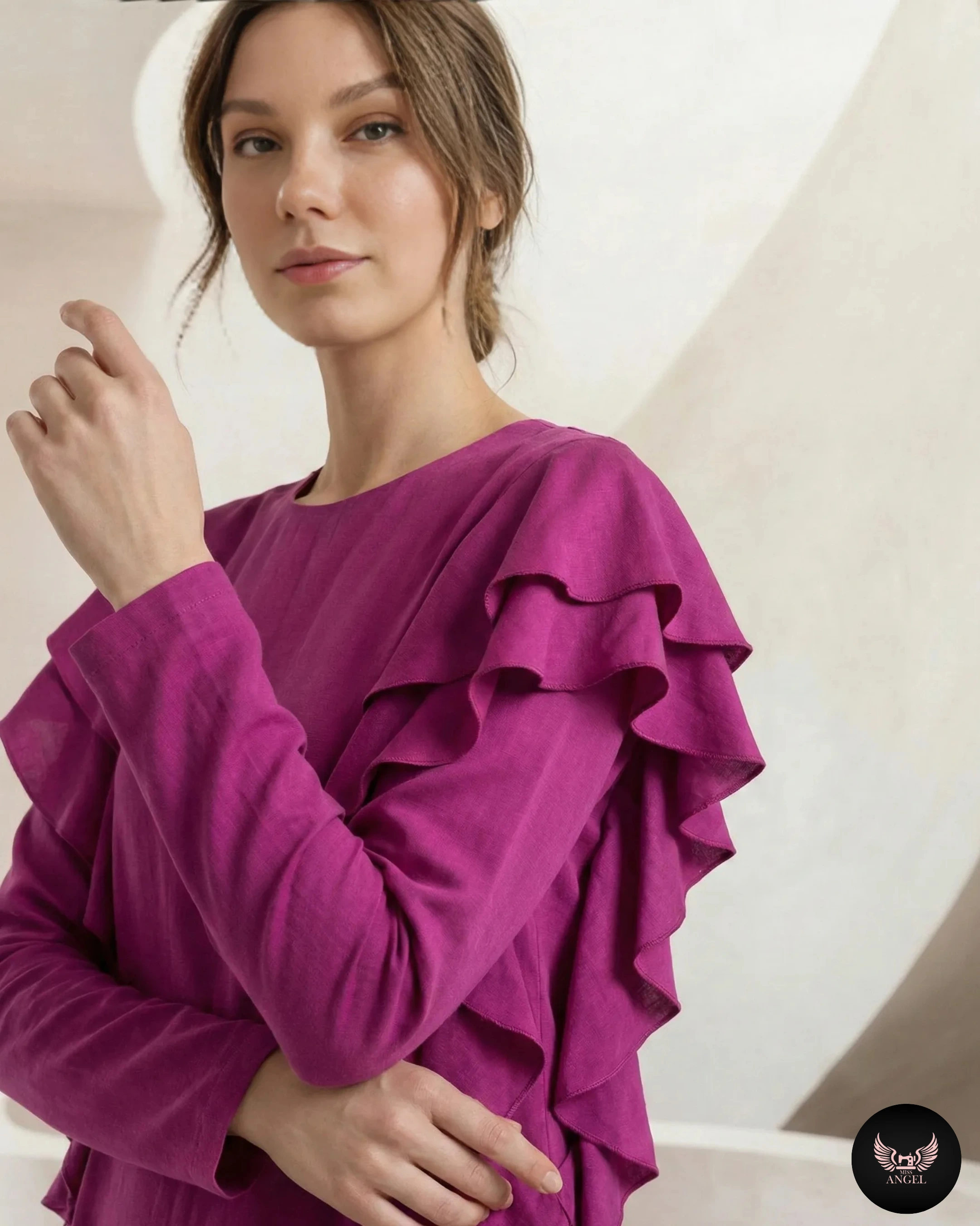 Pembe İpek Cupro Fırfır Detaylı Elbise - Görsel 3