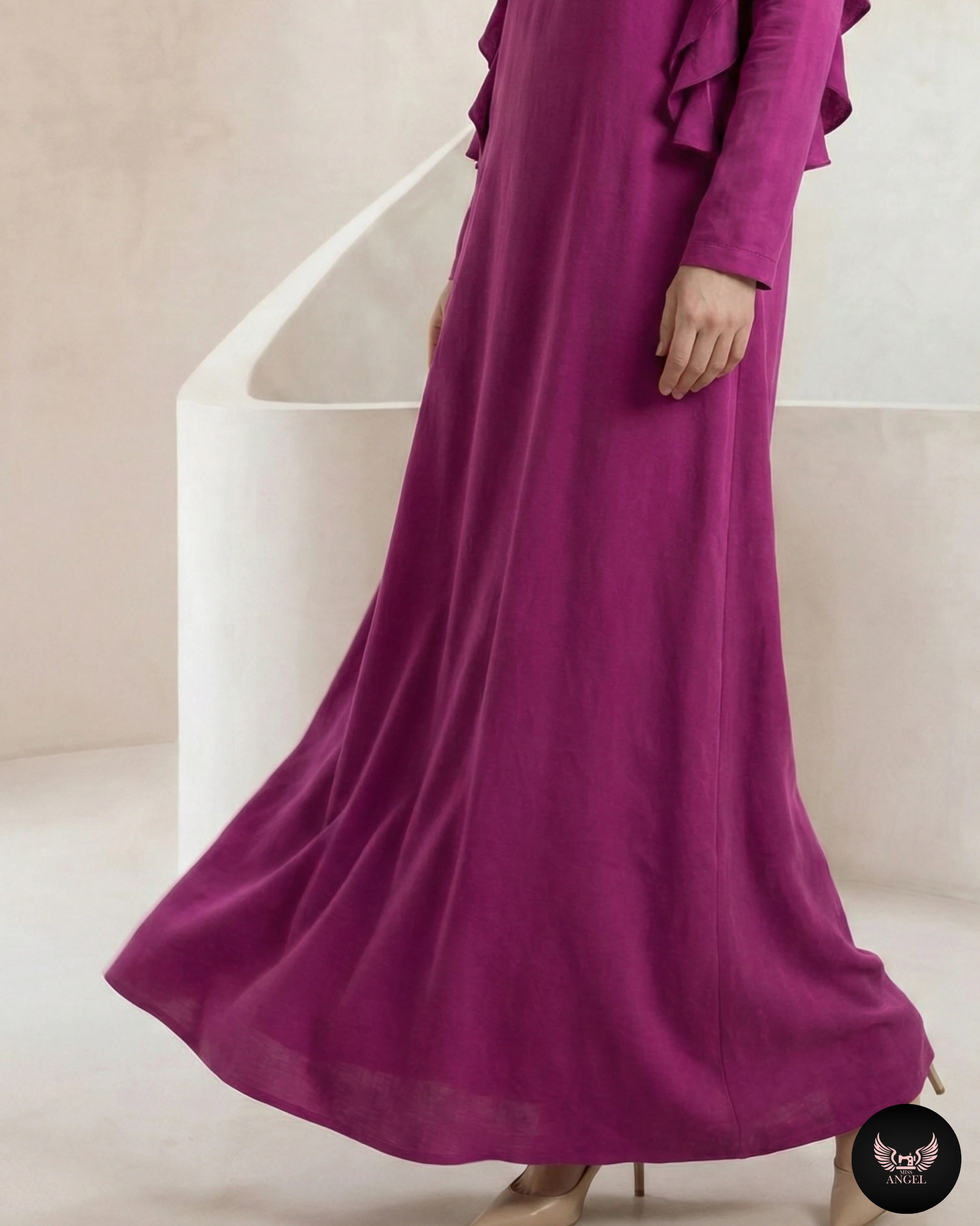 Pembe İpek Cupro Fırfır Detaylı Elbise - Görsel 4