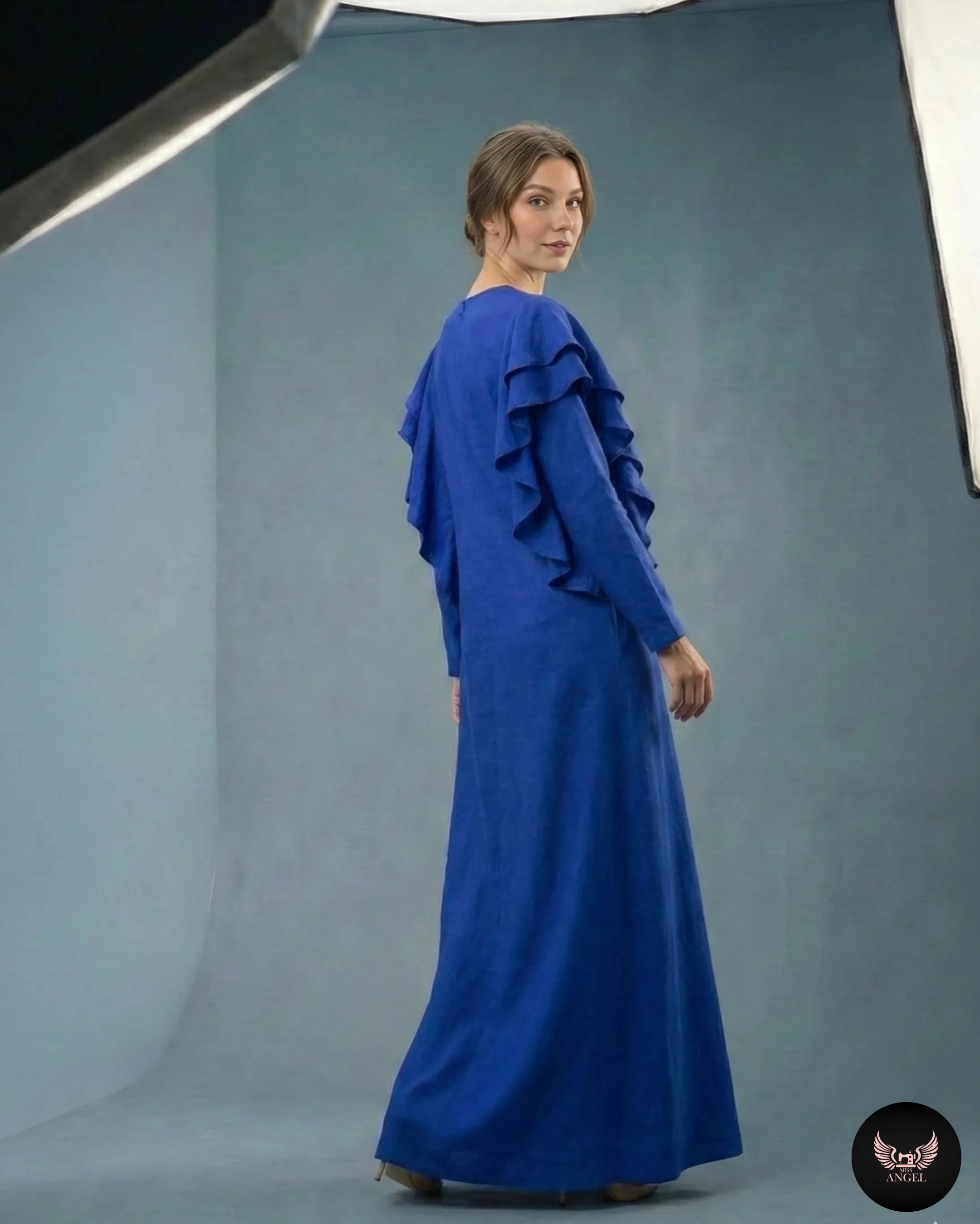 Mavi İpek Cupro Fırfır Detaylı Elbise - Görsel 2