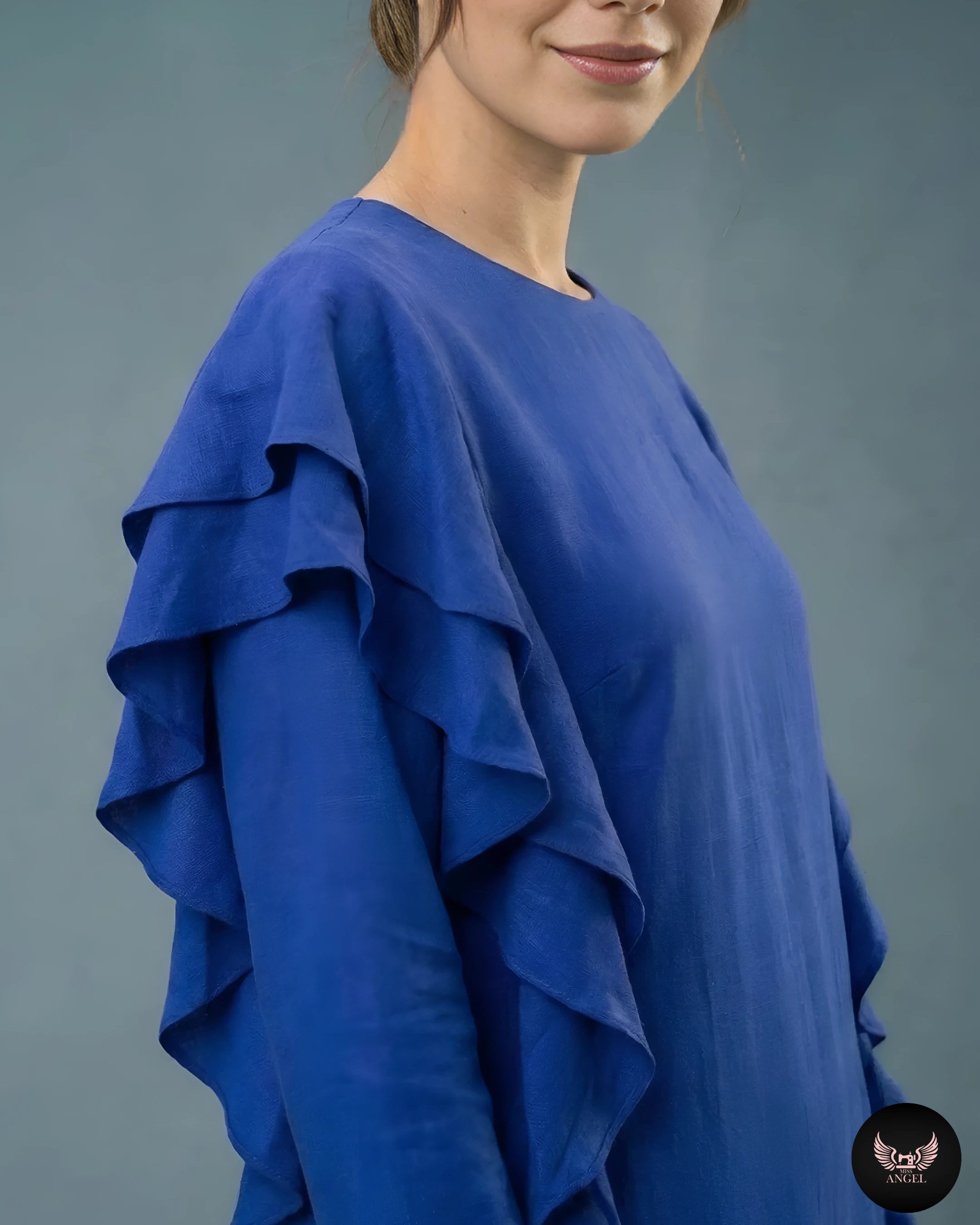 Mavi İpek Cupro Fırfır Detaylı Elbise - Görsel 3