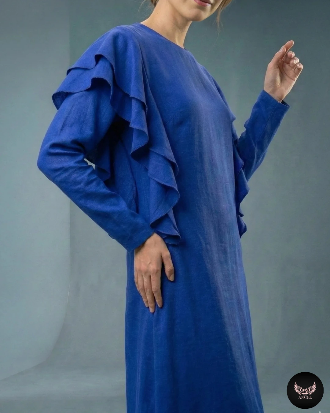 Mavi İpek Cupro Fırfır Detaylı Elbise - Görsel 4