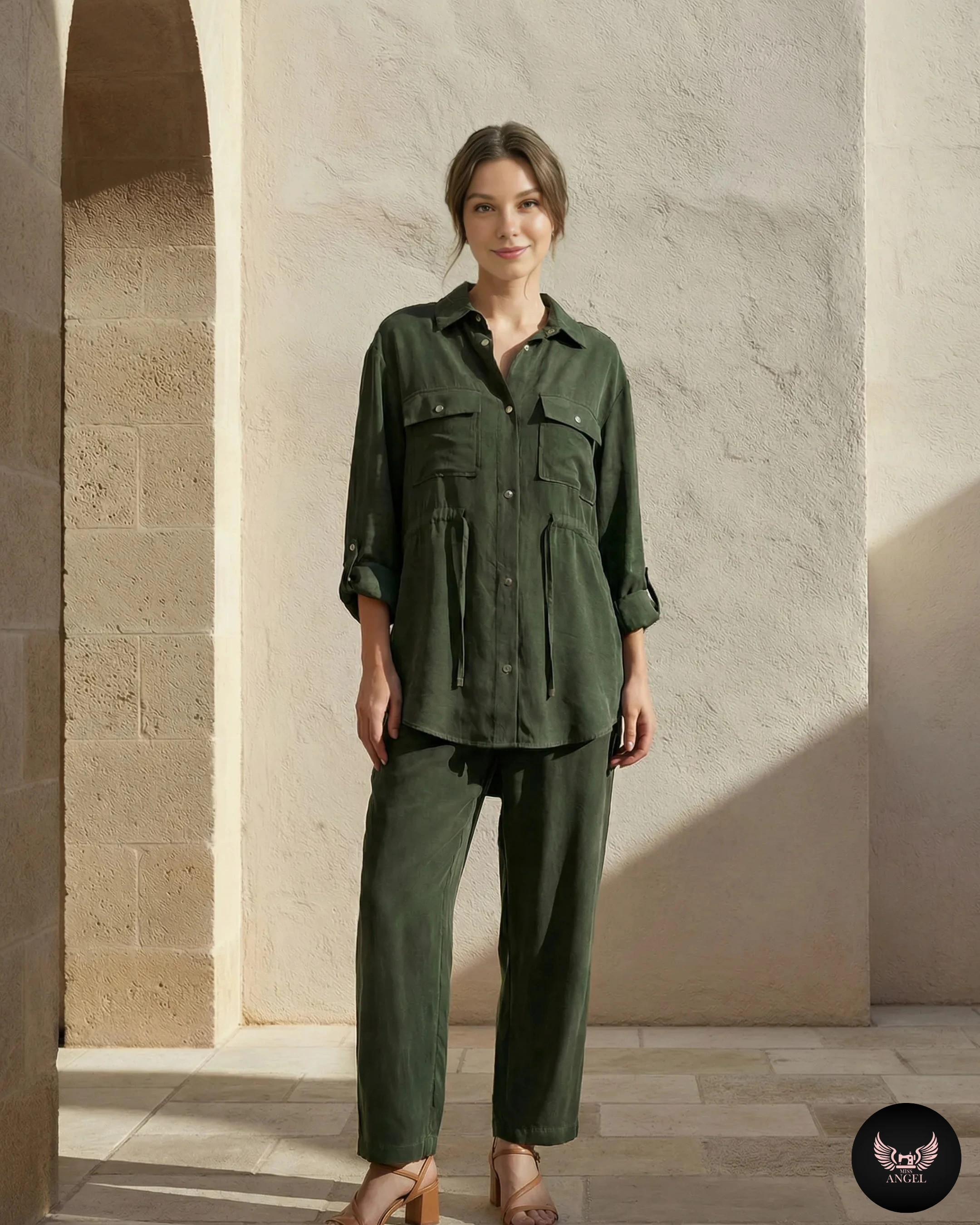 Yeşil İpek Cupro Gömlek Pantalon Takım - Görsel 3