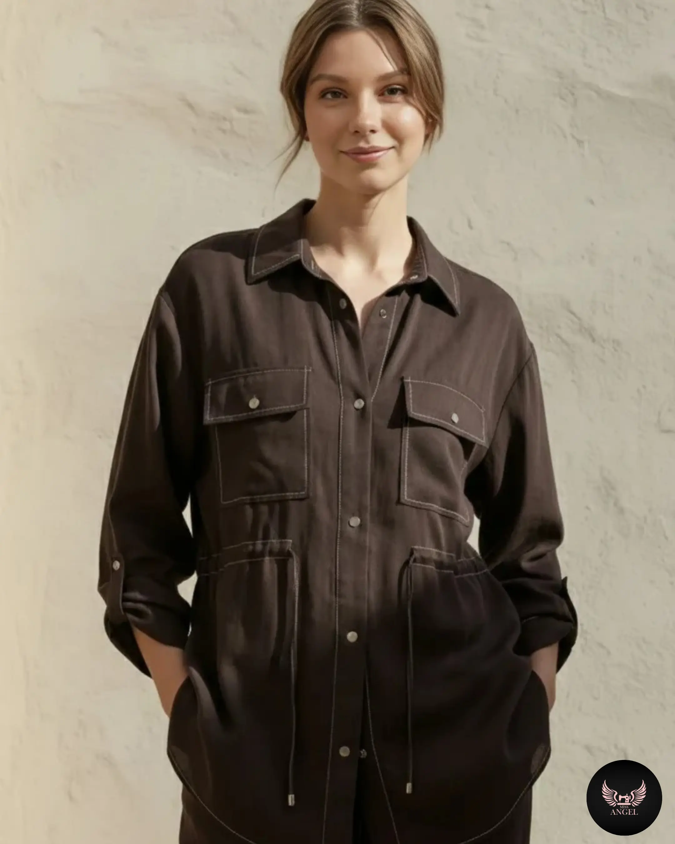 Kahverengi İpek Cupro Gömlek & Pantolon Takım - Görsel 2