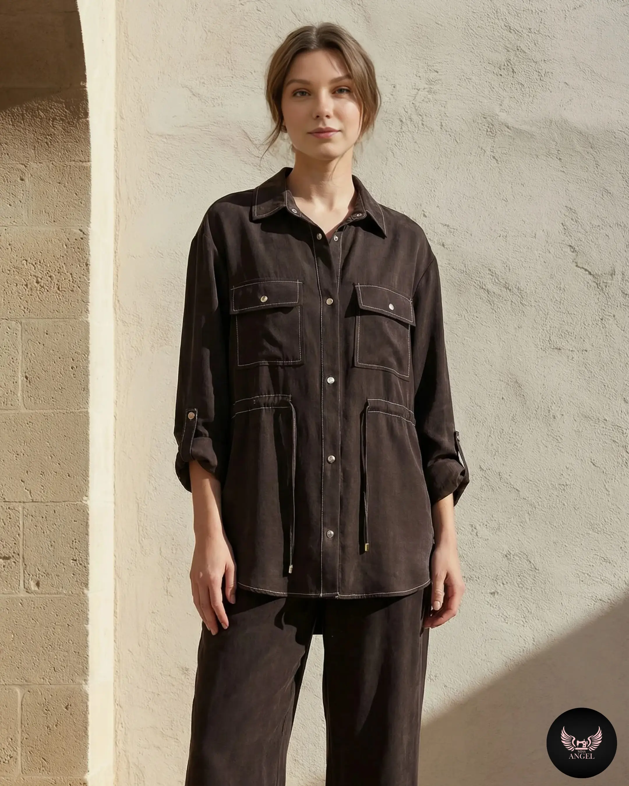 Kahverengi İpek Cupro Gömlek & Pantolon Takım - Görsel 3