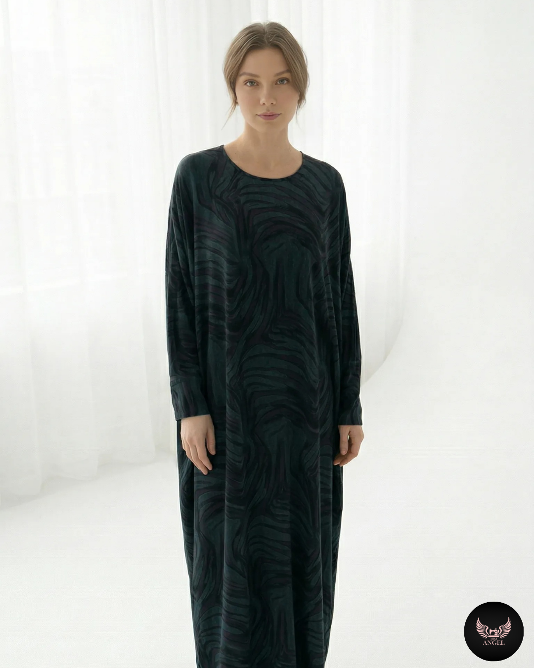 İpek Cupro Mavi Desenli Yarasa Kol Detaylı Elbise - Görsel 2