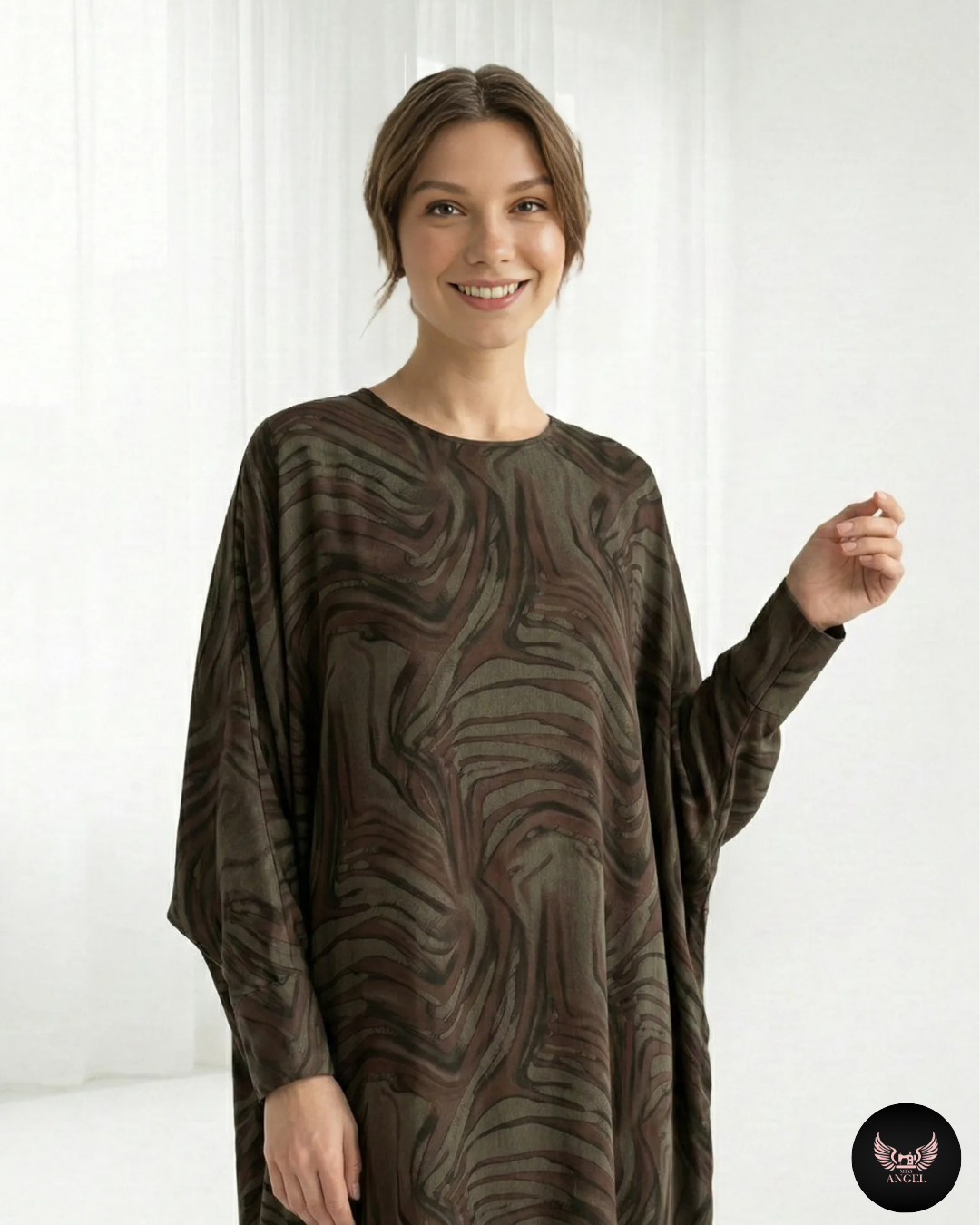 İpek Cupro Kahve - Yeşil Desenli Yarasa Kol Detaylı Elbise - Ana Görsel