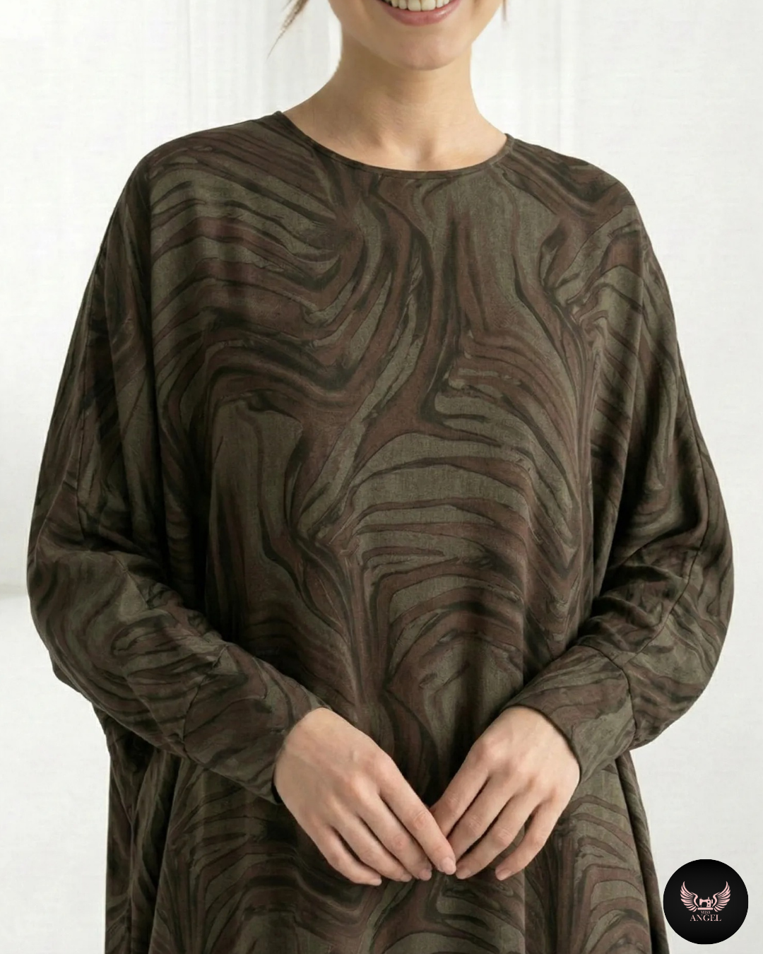 İpek Cupro Kahve - Yeşil Desenli Yarasa Kol Detaylı Elbise - Görsel 3