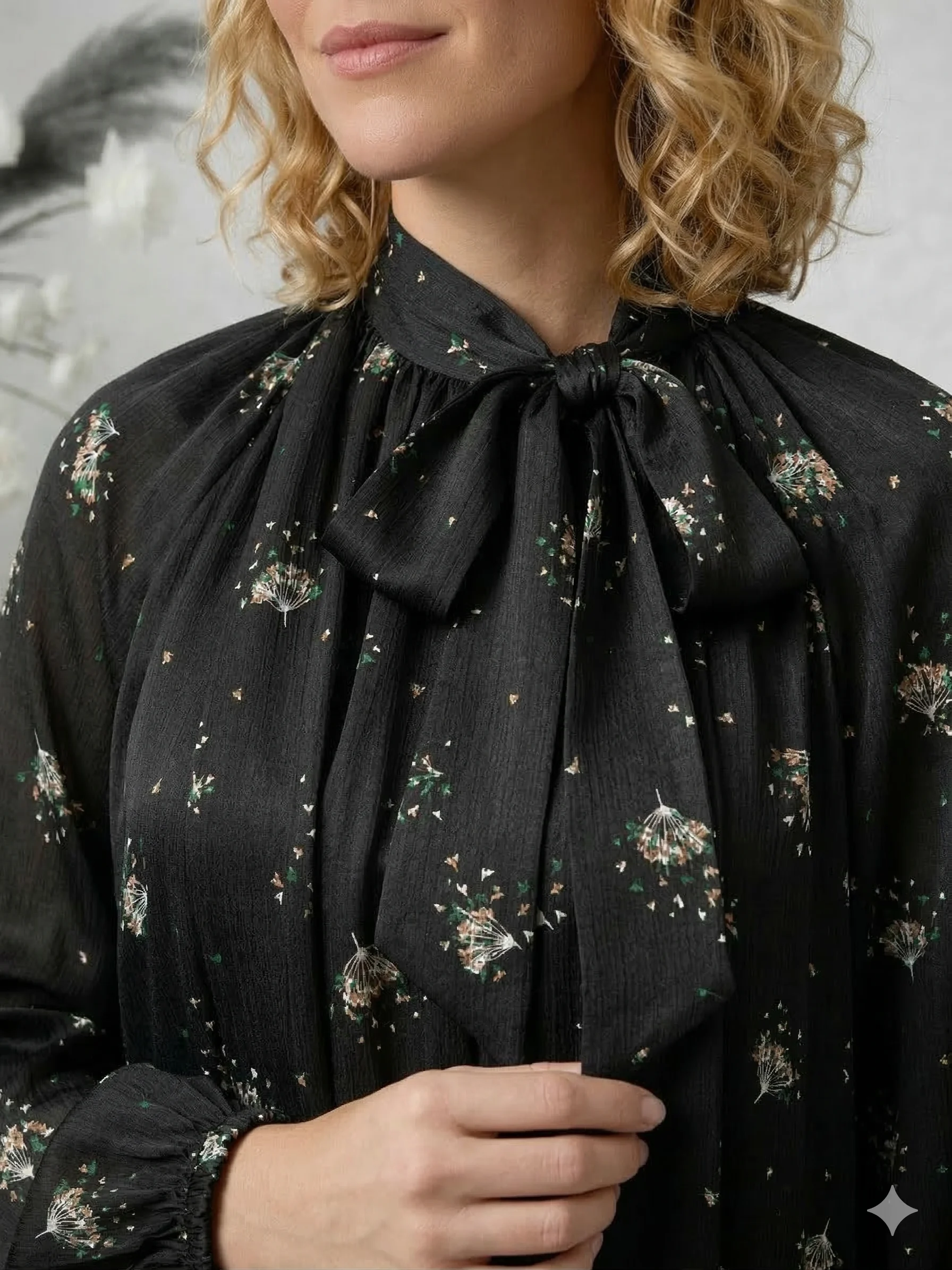 Siyah Çiçek Desenli Cupro İpek Kravat Yaka Elbise - Görsel 3