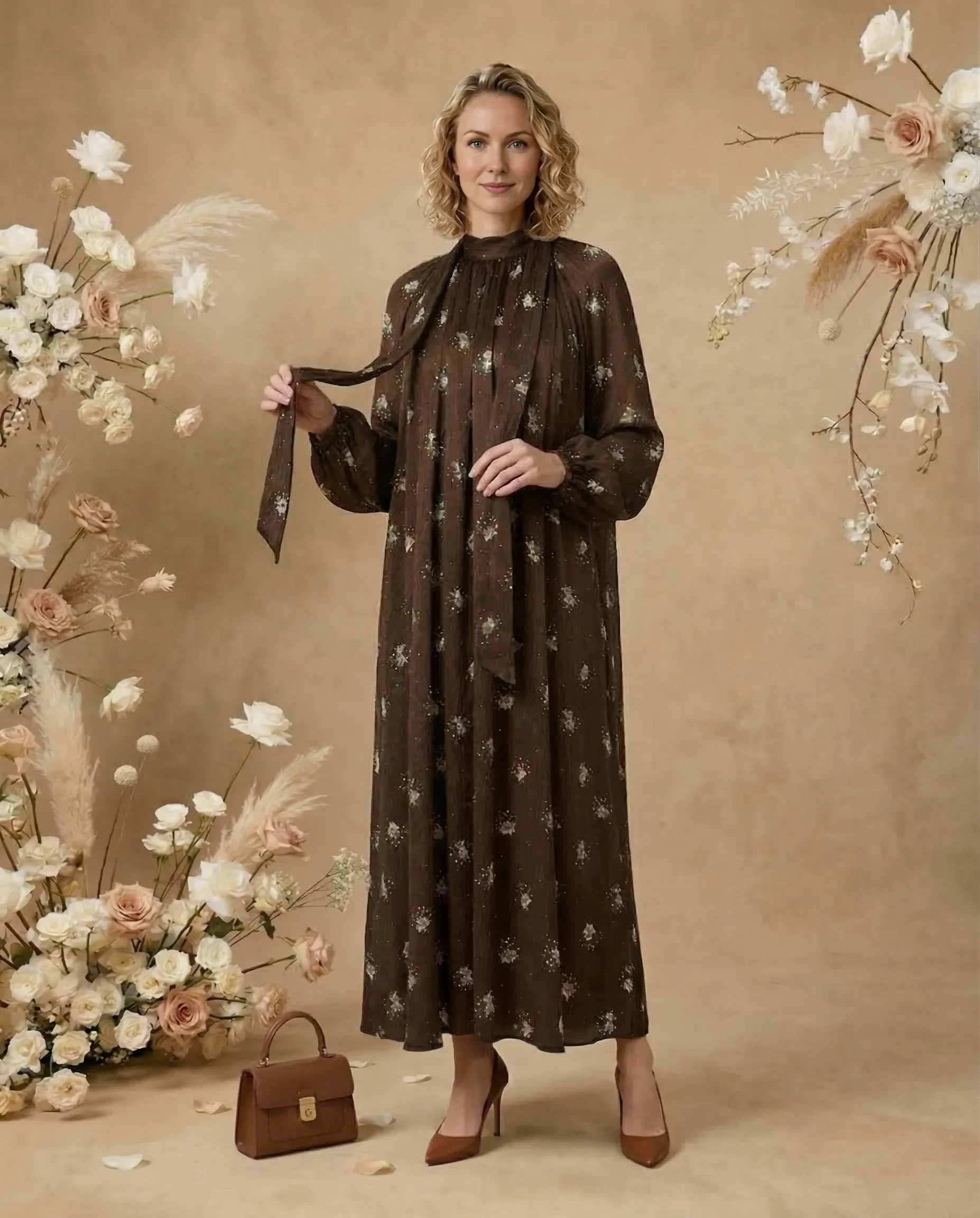 Kahverengi Çiçek Desenli Cupro İpek Kravat Yaka Elbise - Görsel 4