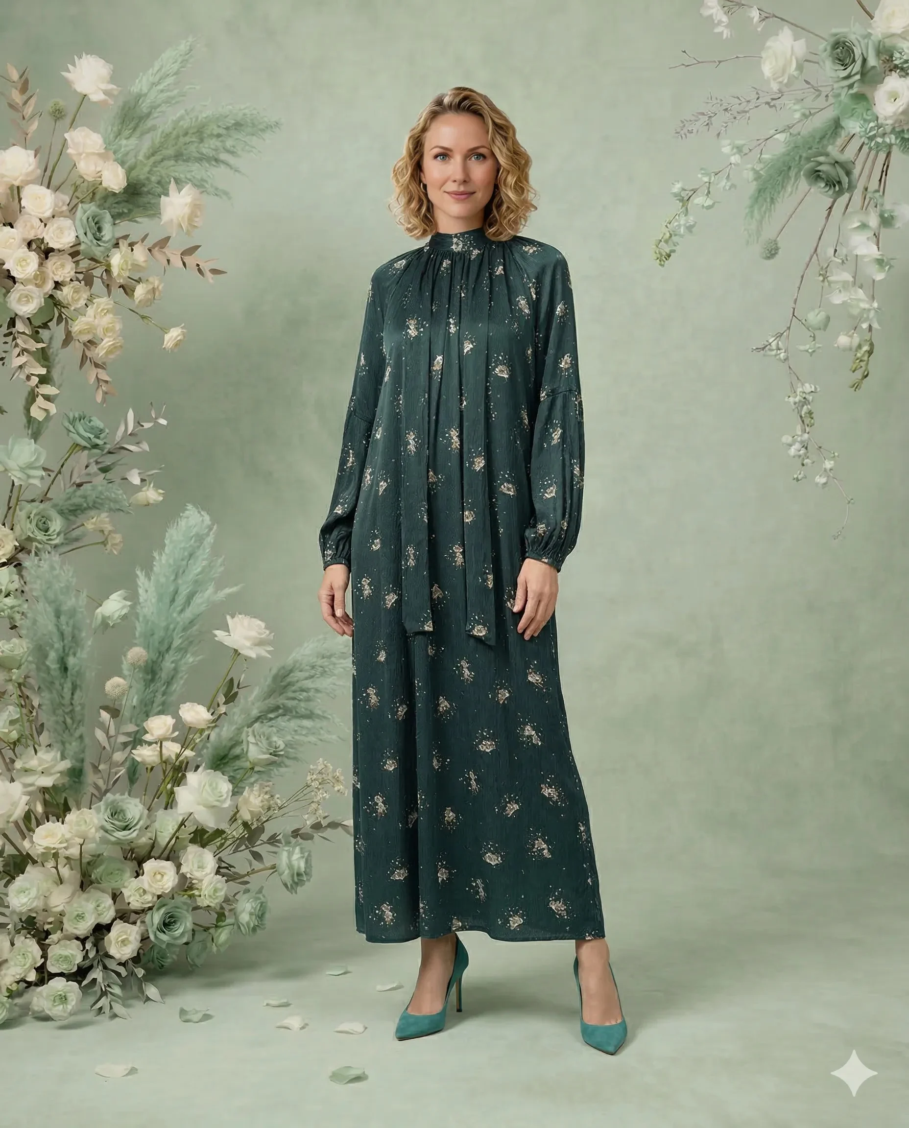 Ördek Yeşili Çiçek Desenli Cupro İpek Kravat Yaka Elbise