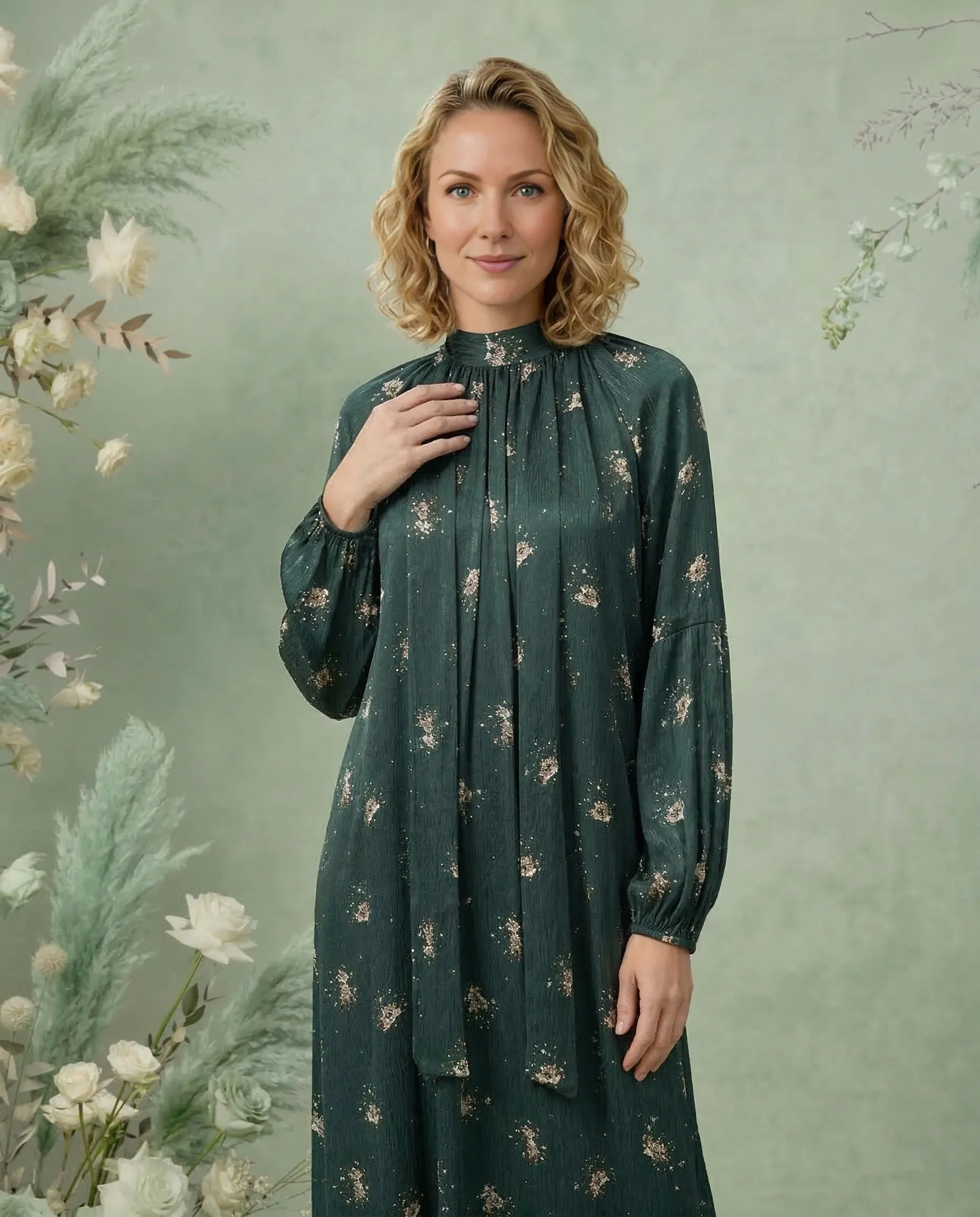 Ördek Yeşili Çiçek Desenli Cupro İpek Kravat Yaka Elbise - Görsel 2