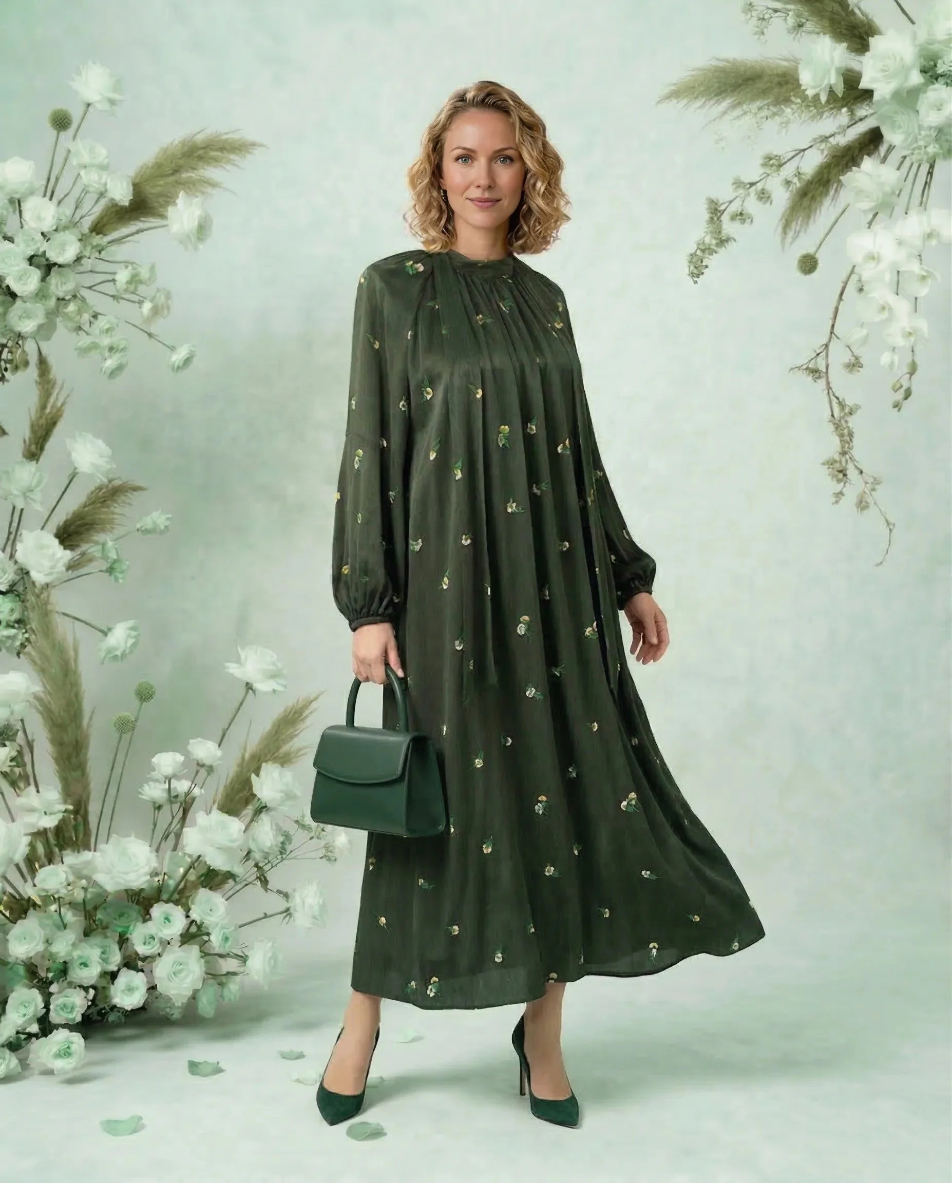 Yeşil Çiçek Desenli Cupro İpek Kravat Yaka Elbise