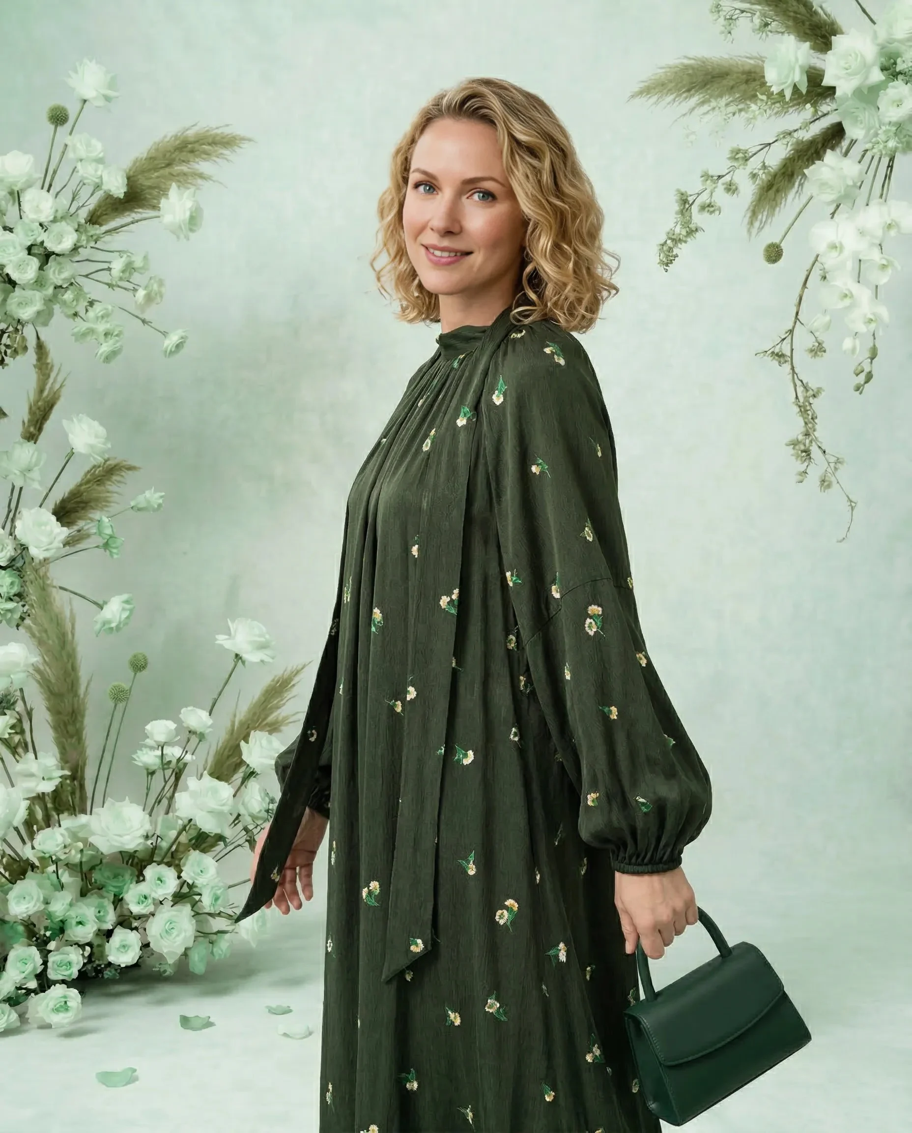 Yeşil Çiçek Desenli Cupro İpek Kravat Yaka Elbise - Görsel 2