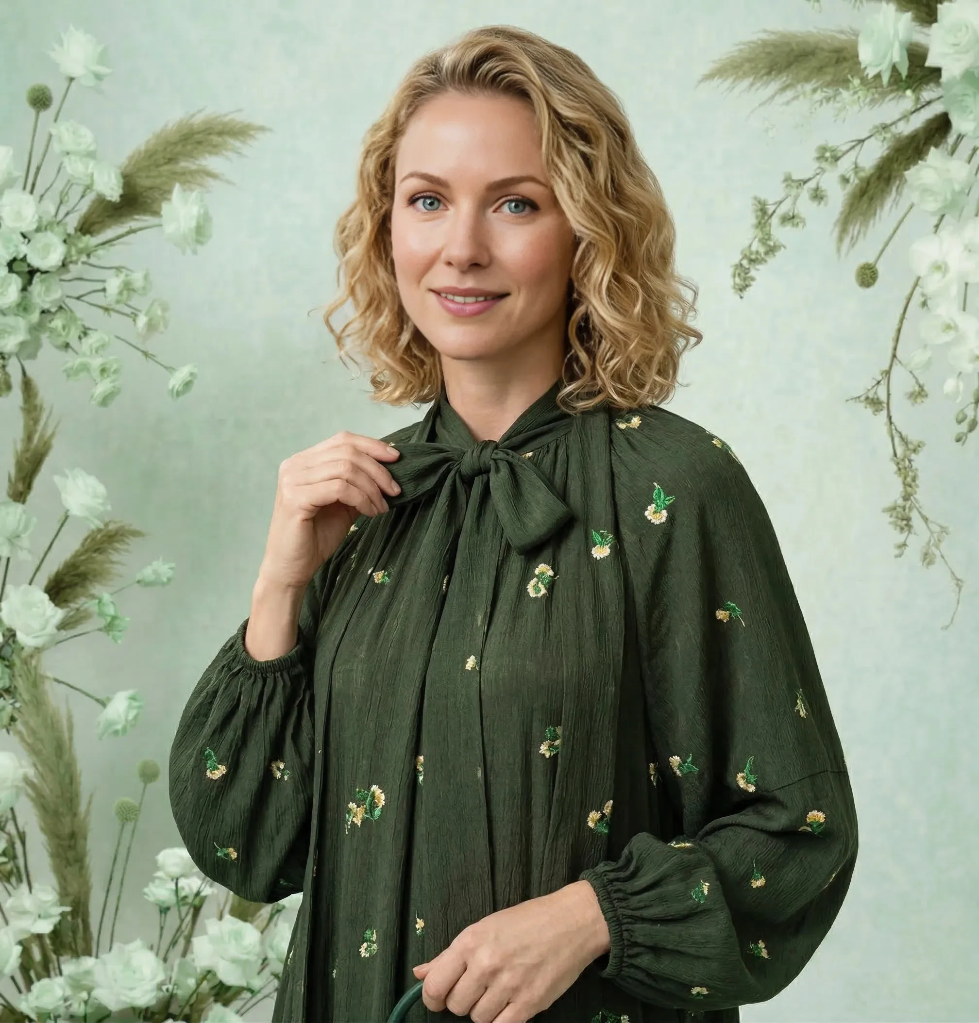 Yeşil Çiçek Desenli Cupro İpek Kravat Yaka Elbise - Görsel 3