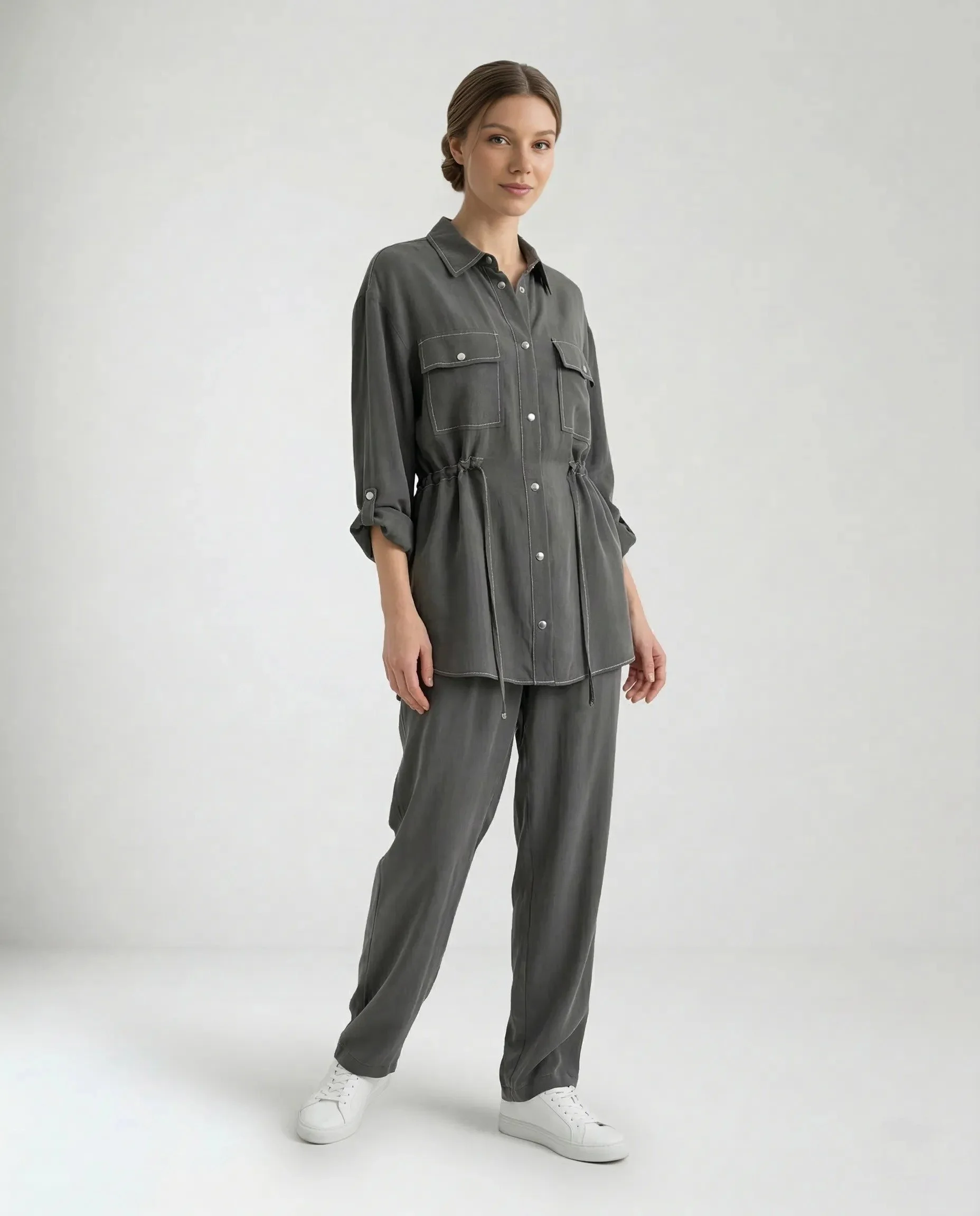 Gri İpek Cupro Çıtçıtlı Gömlek Pantolon Takımı