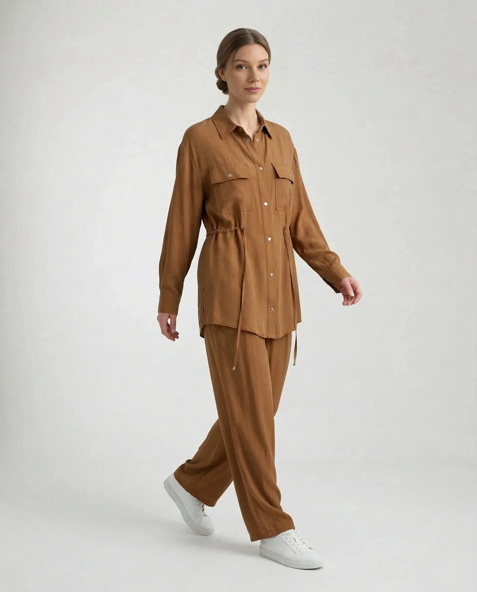 Deve Tüyü İpek Cupro Çıtçıtlı Gömlek Pantolon Takımı