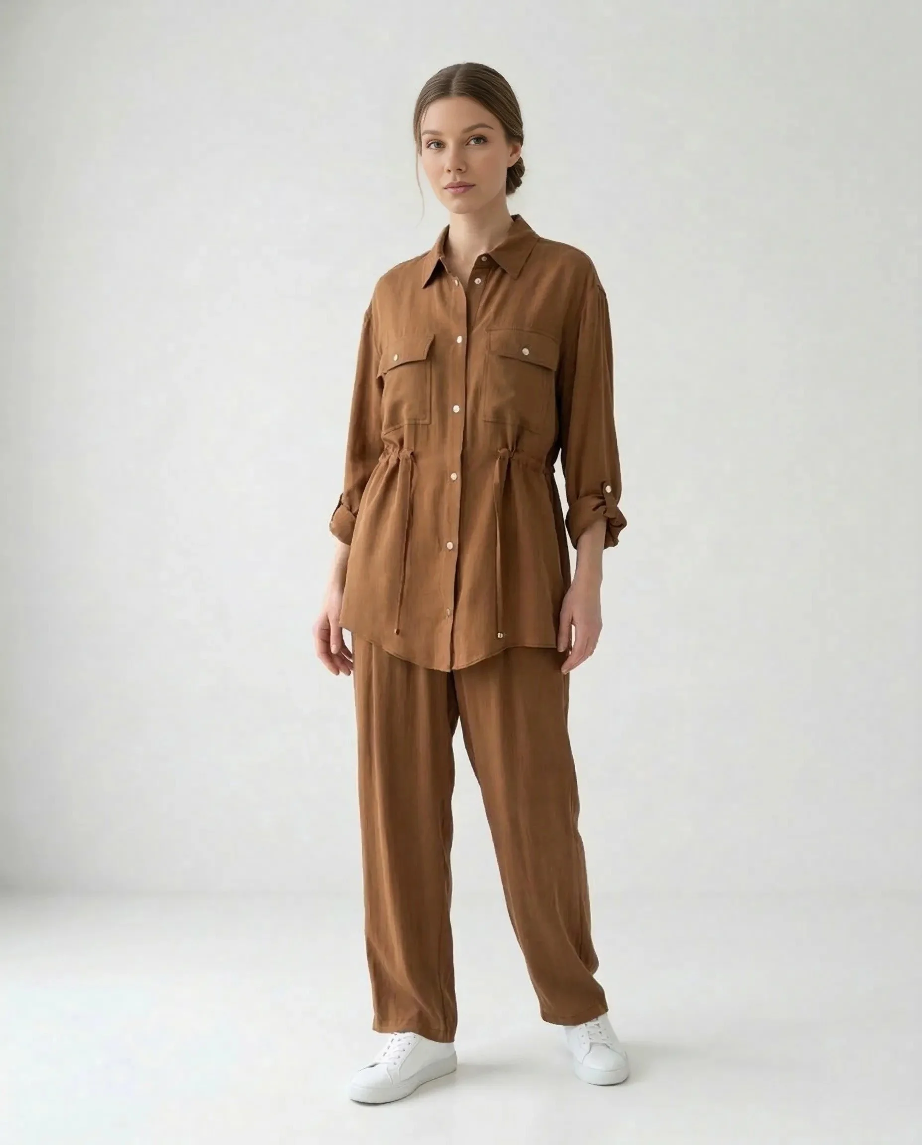 Deve Tüyü İpek Cupro Çıtçıtlı Gömlek Pantolon Takımı - Görsel 2