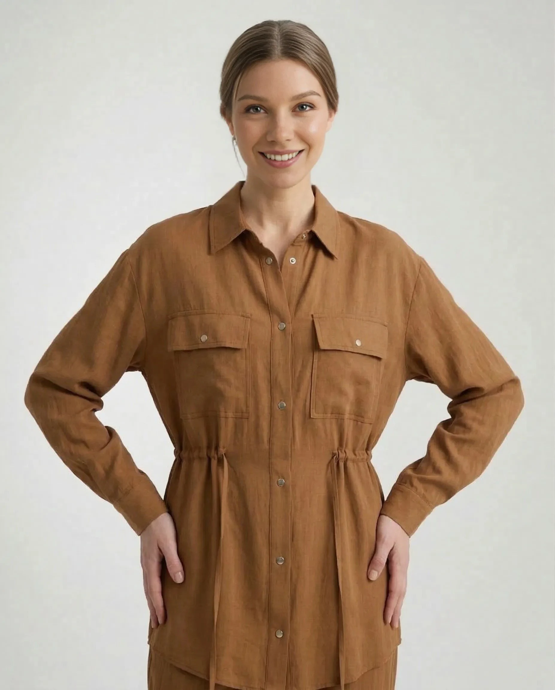 Deve Tüyü İpek Cupro Çıtçıtlı Gömlek Pantolon Takımı - Görsel 4