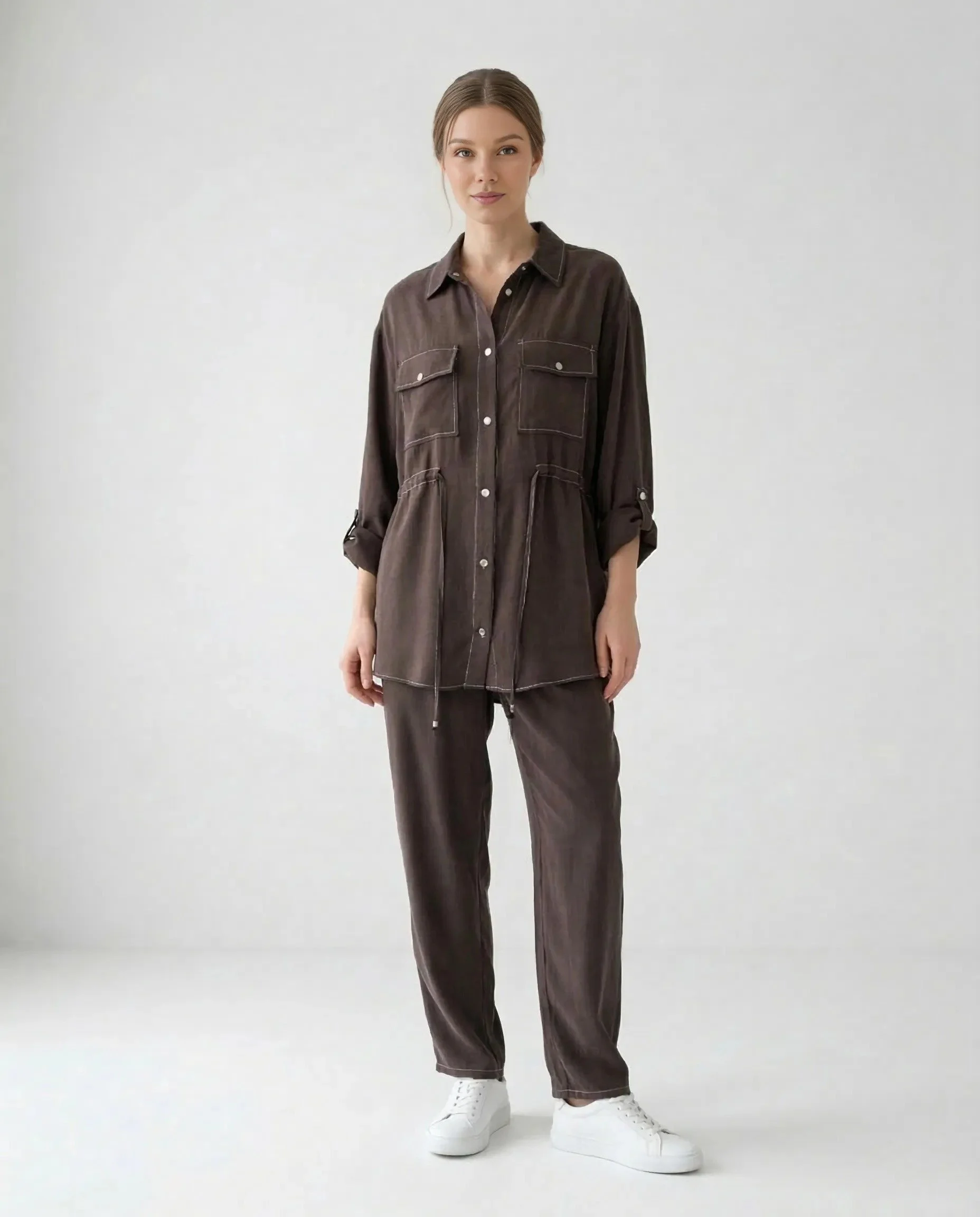 Kahverengi İpek Cupro Çıtçıtlı Gömlek Pantolon Takımı - Ana Görsel