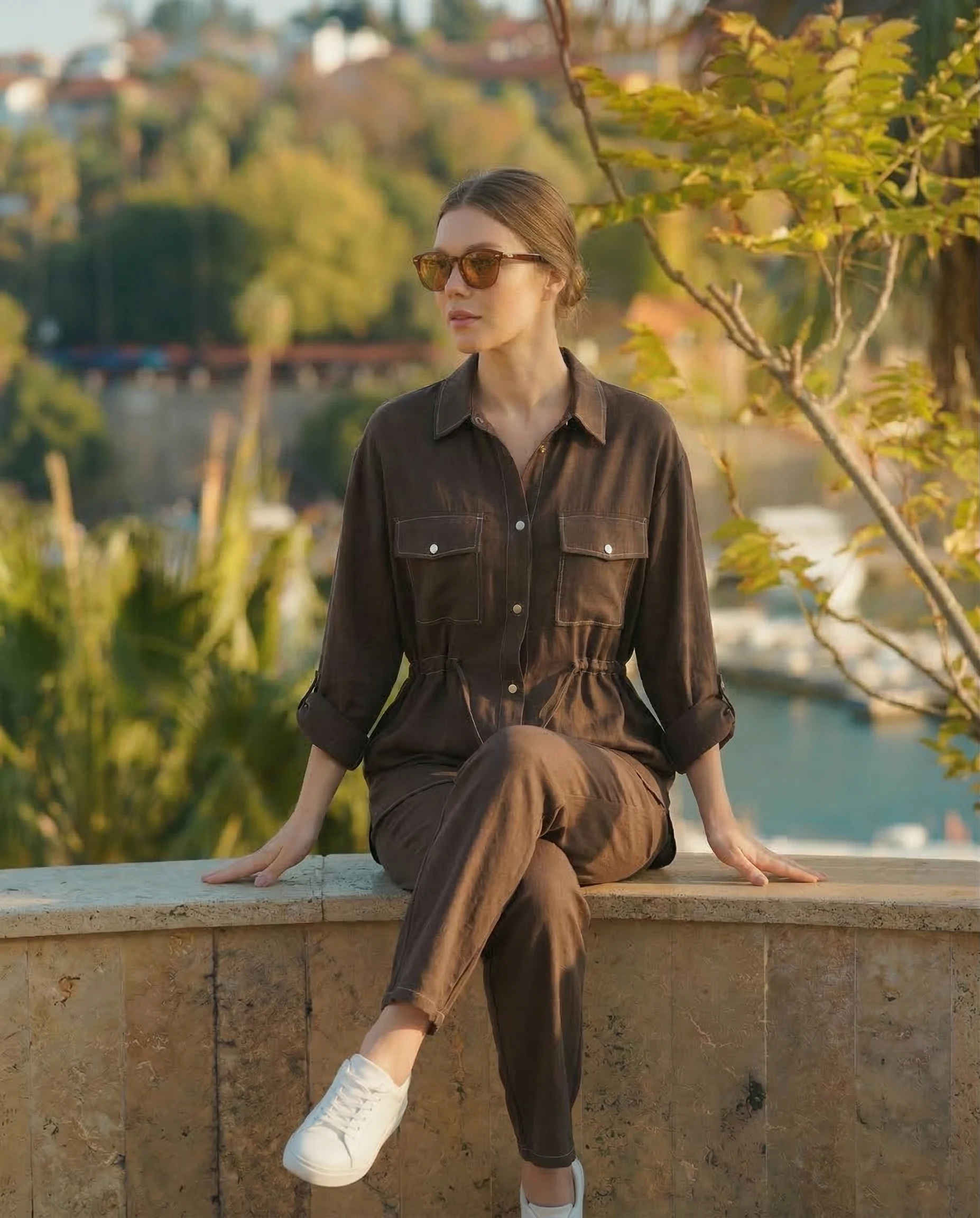 Kahverengi İpek Cupro Çıtçıtlı Gömlek Pantolon Takımı - Görsel 5