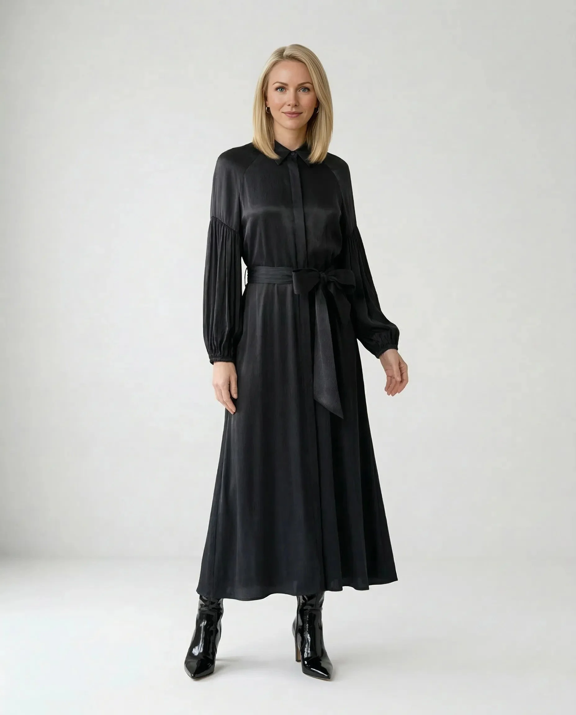 Siyah Gömlek Yakalı Kuşaklı İpek Cupro Elbise