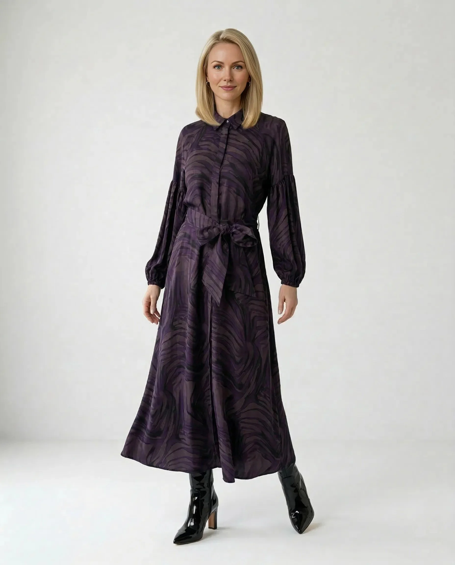 Mor Siyah Desenli Gömlek Yakalı Kuşaklı İpek Cupro Elbise