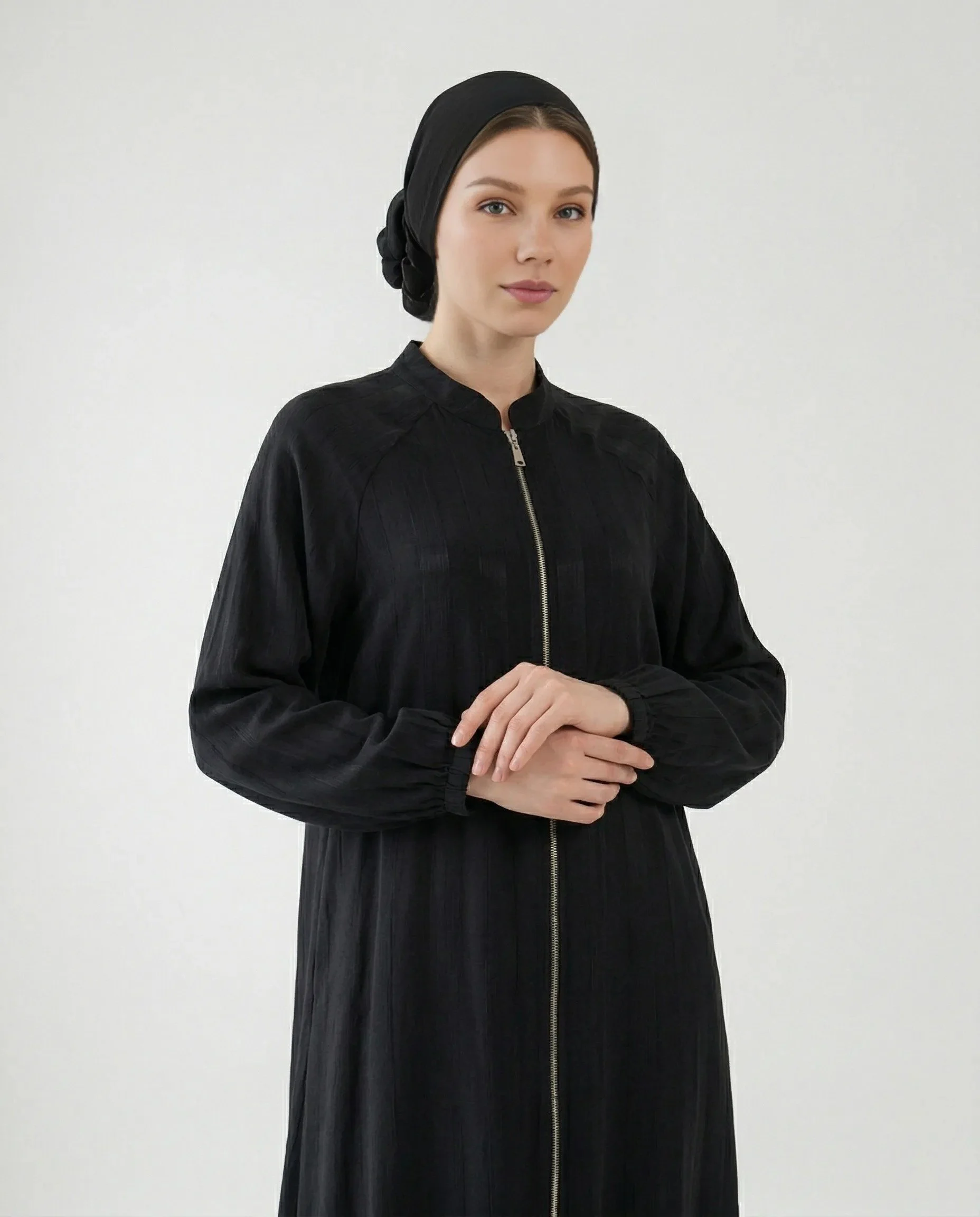 İpek Cupro Şerit Desenli Siyah Ferace - Görsel 2