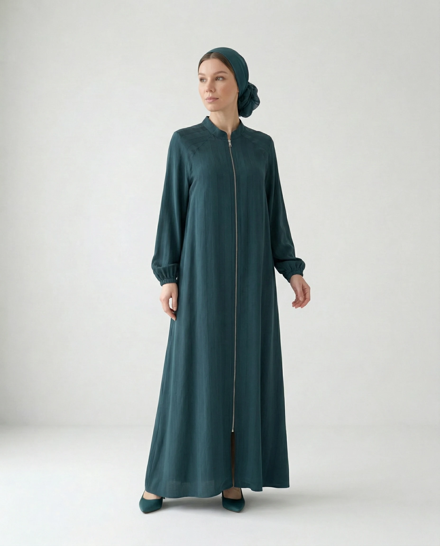 İpeker Cupro Şerit Desenli Ördek Yeşili Ferace