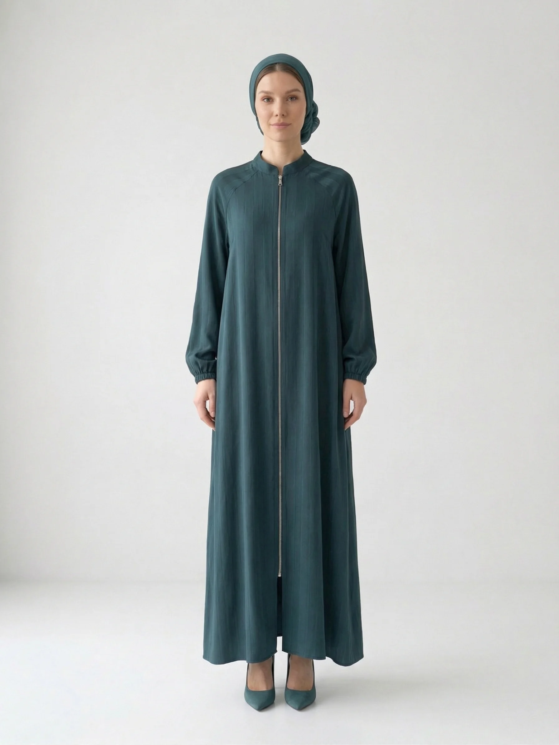 İpeker Cupro Şerit Desenli Ördek Yeşili Ferace - Görsel 2