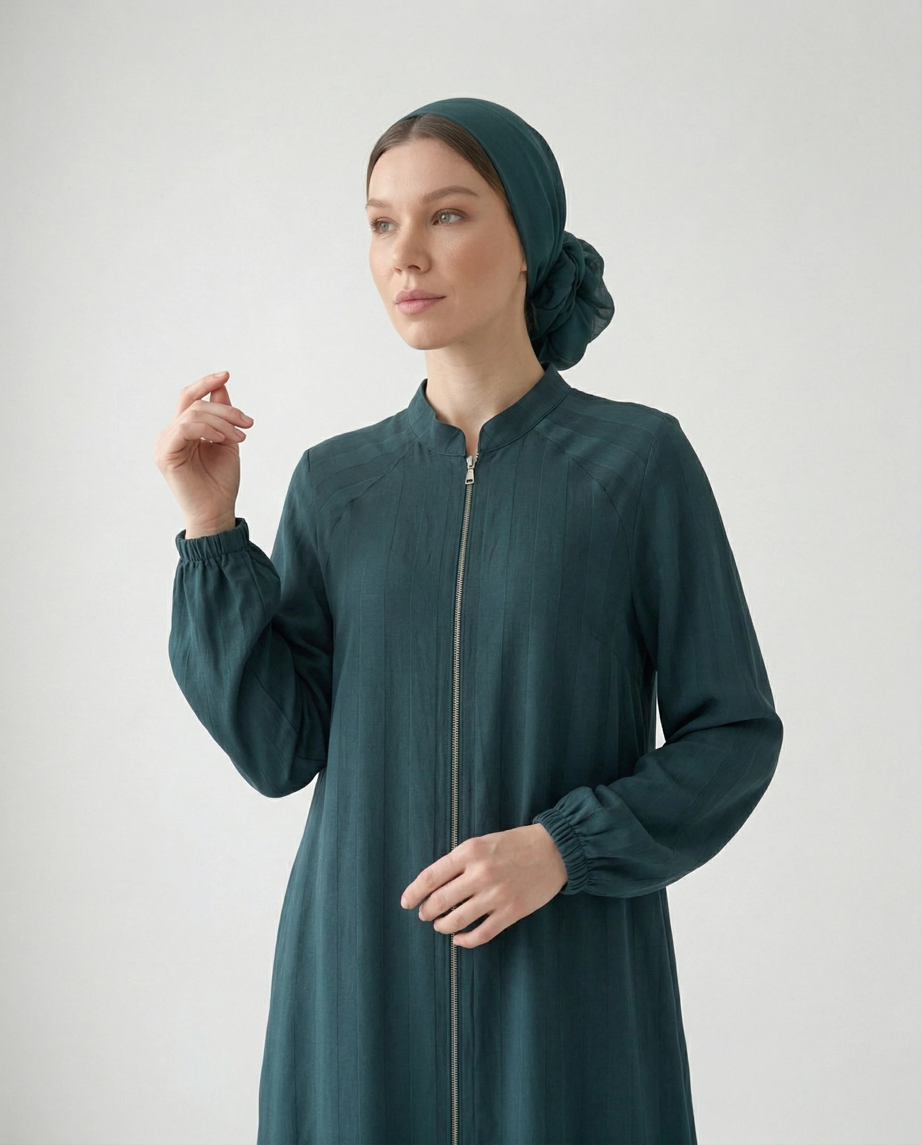 İpeker Cupro Şerit Desenli Ördek Yeşili Ferace - Görsel 4