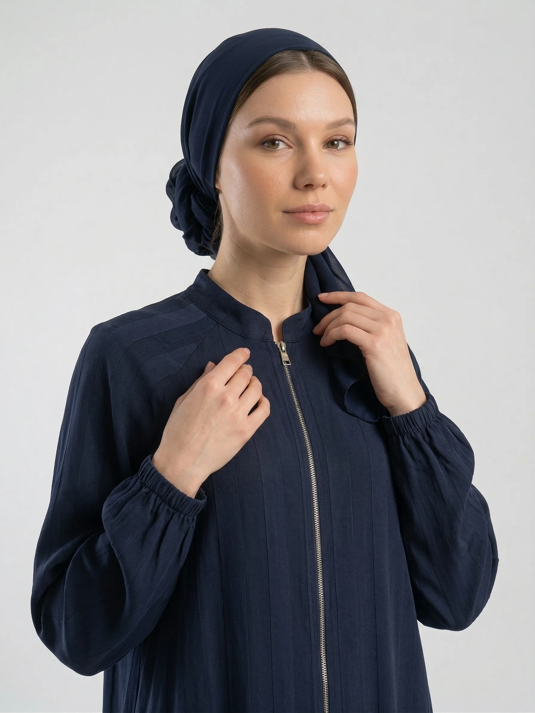 İpeker Cupro Şerit Desenli Lacivert Ferace - Görsel 4